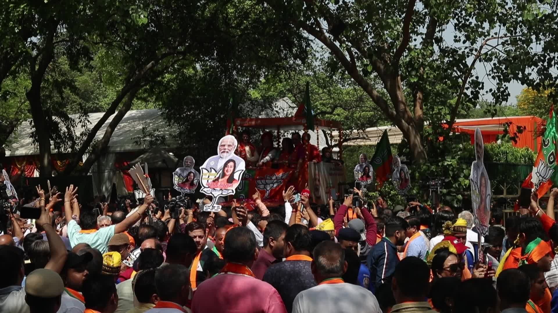 BJP Supporters Rally with Flags in New Delhi Before General Elections