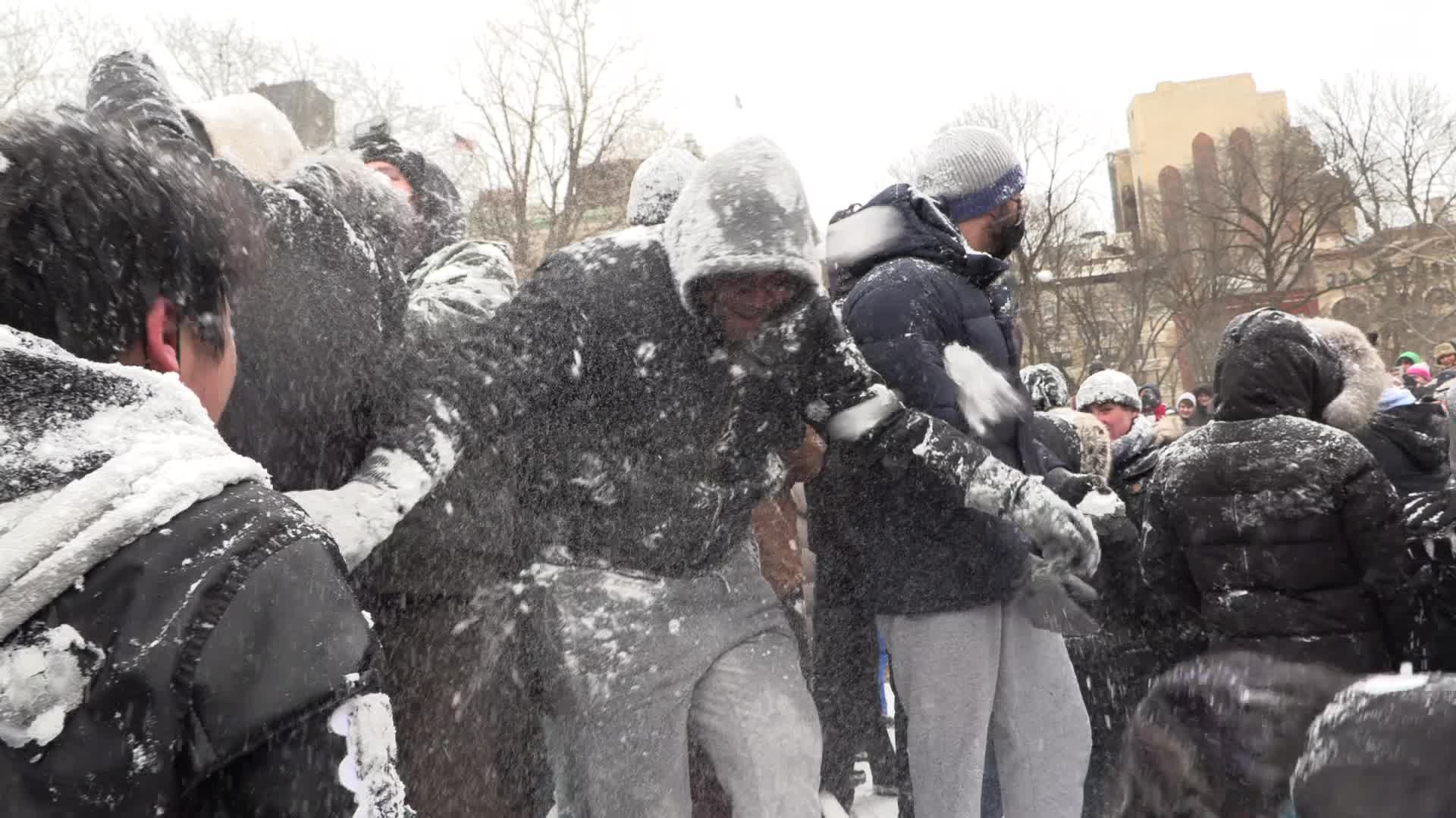 Massive Snowball Fight Breaks Out in Washington Square Park