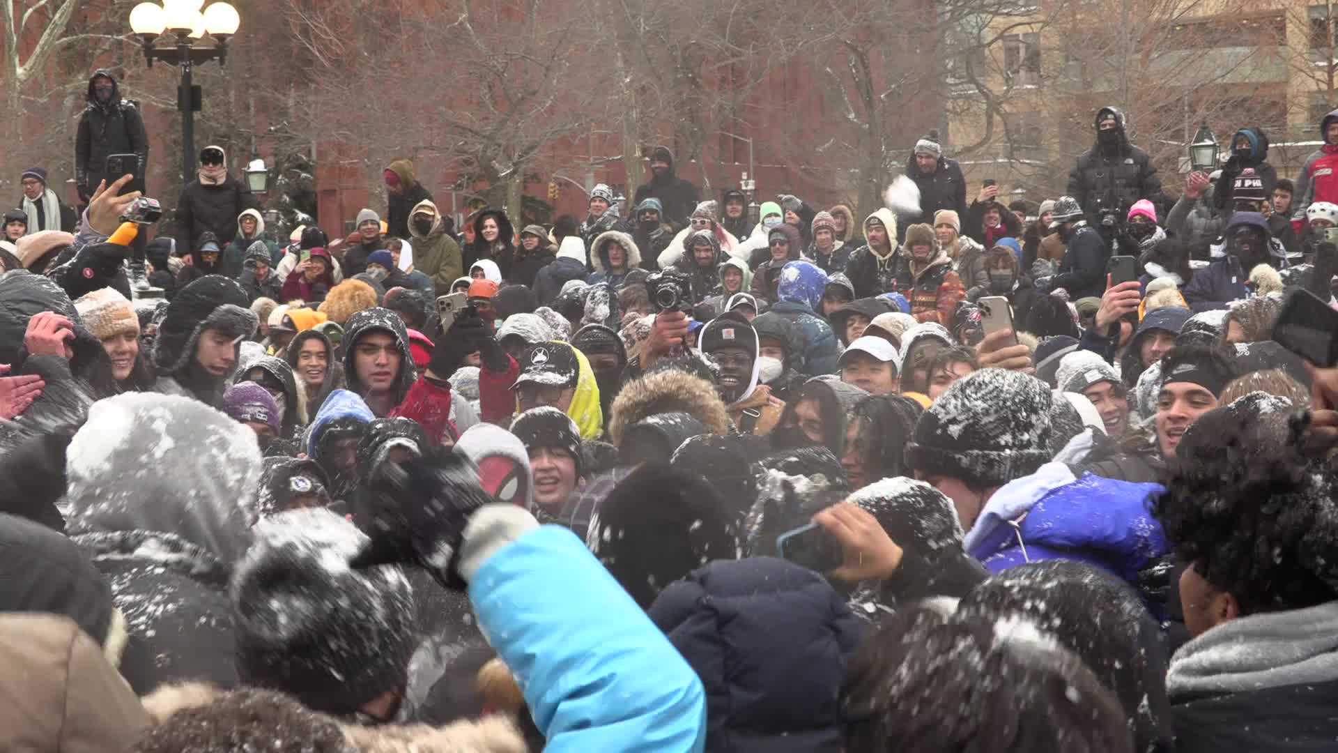 Massive Snowball Fight Breaks Out in Washington Square Park