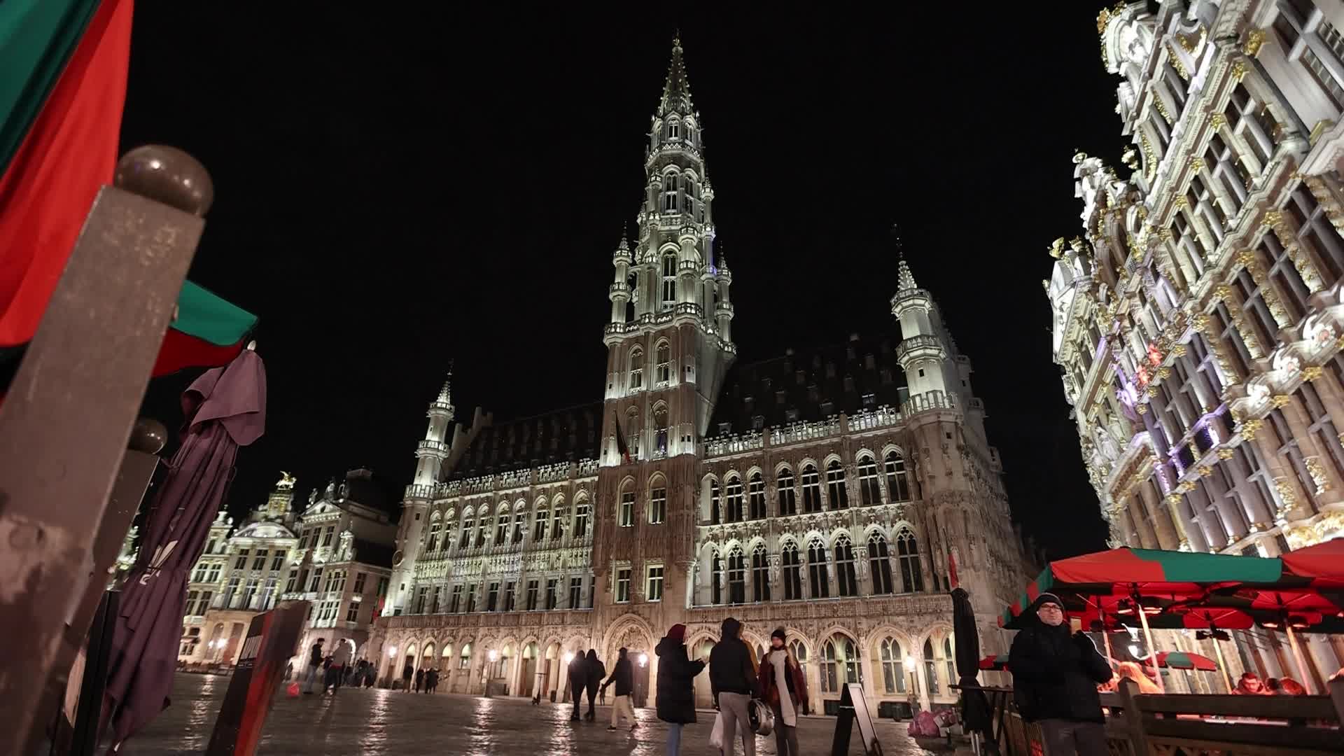 Illuminated Grand Place Square In Brussels