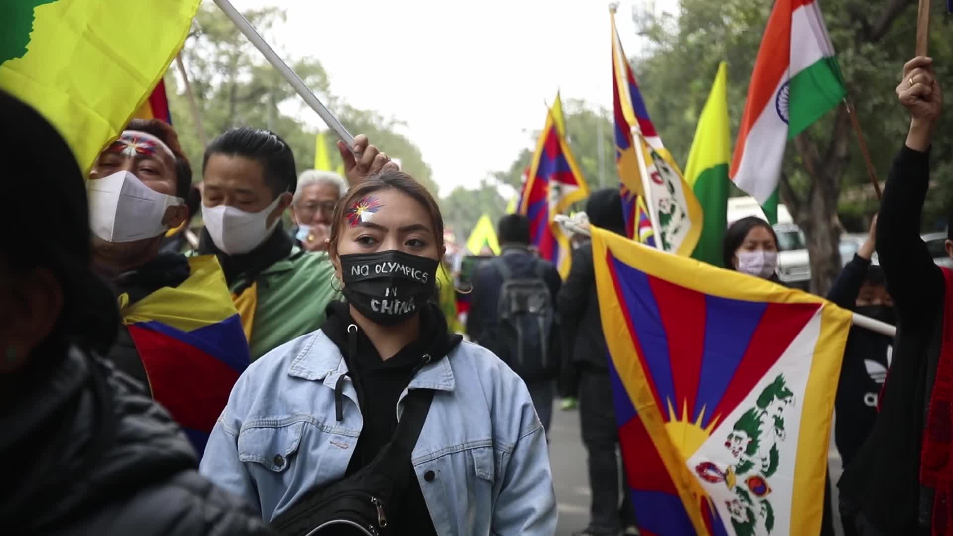 Tibetans protest against Beijing Games near Embassy of the People's Republic of China in New Delhi, India