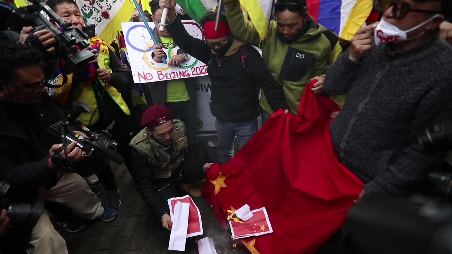 Tibetans protest against Beijing Games near Embassy of the People's Republic of China in New Delhi, India