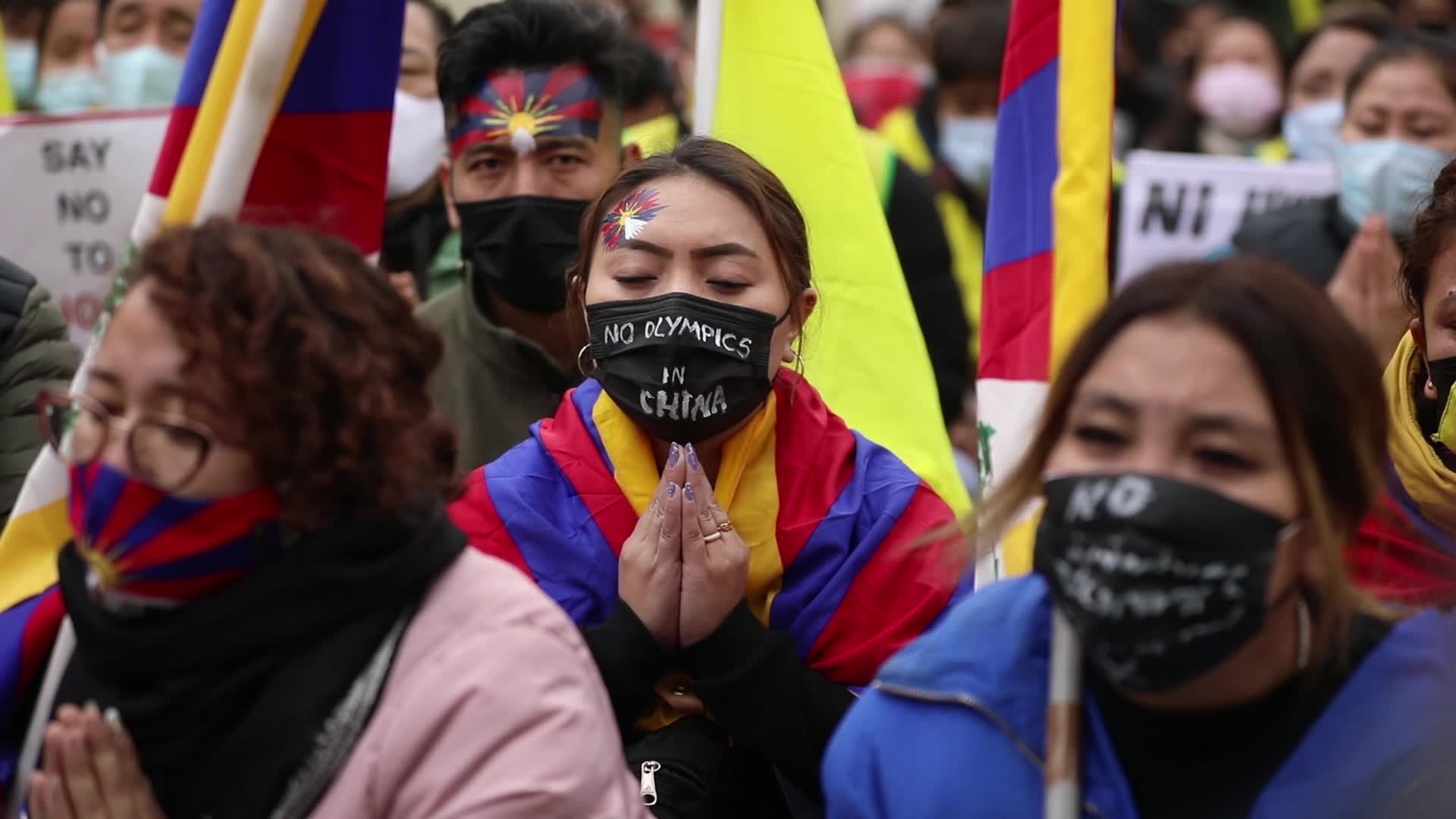 Tibetans protest against Beijing Games near Embassy of the People's Republic of China in New Delhi, India