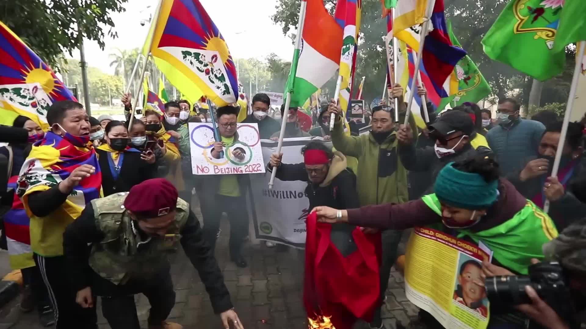 Tibetans protest against Beijing Games near Embassy of the People's Republic of China in New Delhi, India