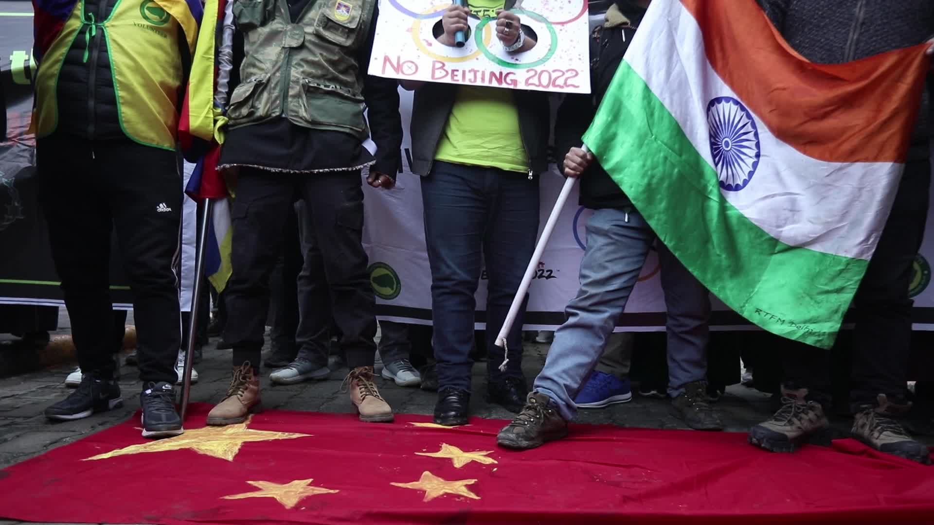 Tibetans protest against Beijing Games near Embassy of the People's Republic of China in New Delhi, India