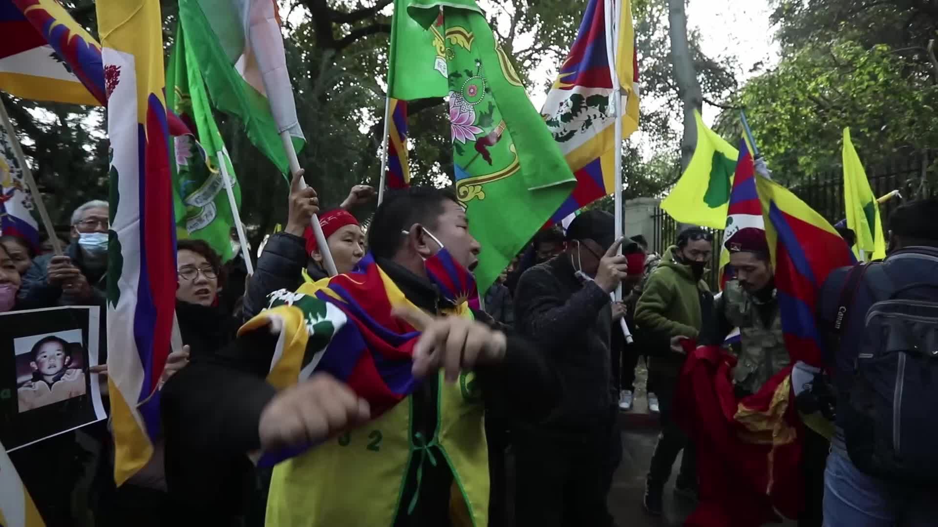 Tibetans protest against Beijing Games near Embassy of the People's Republic of China in New Delhi, India