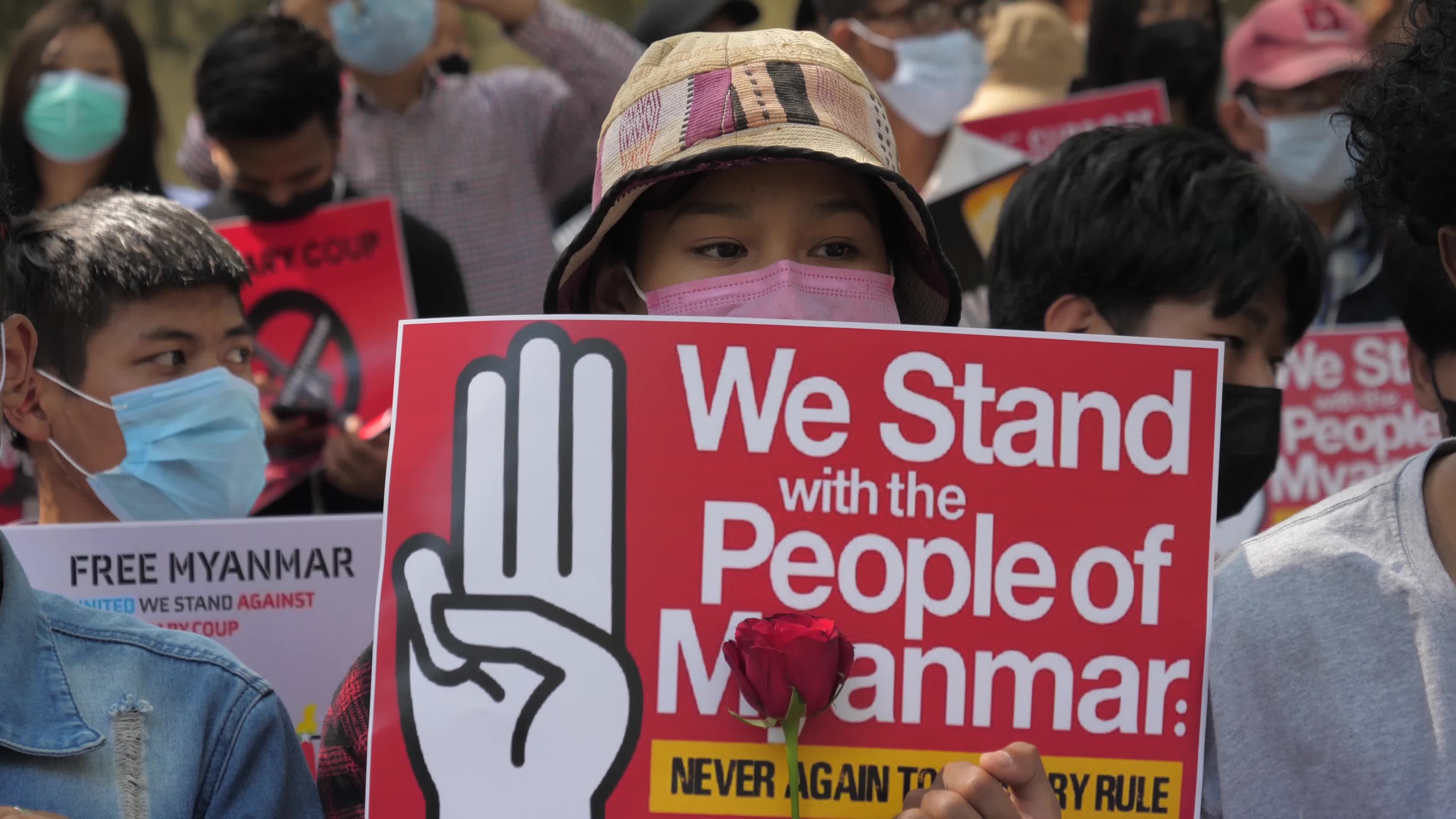 Protest against military coup in Myanmar, in New Delhi, India.