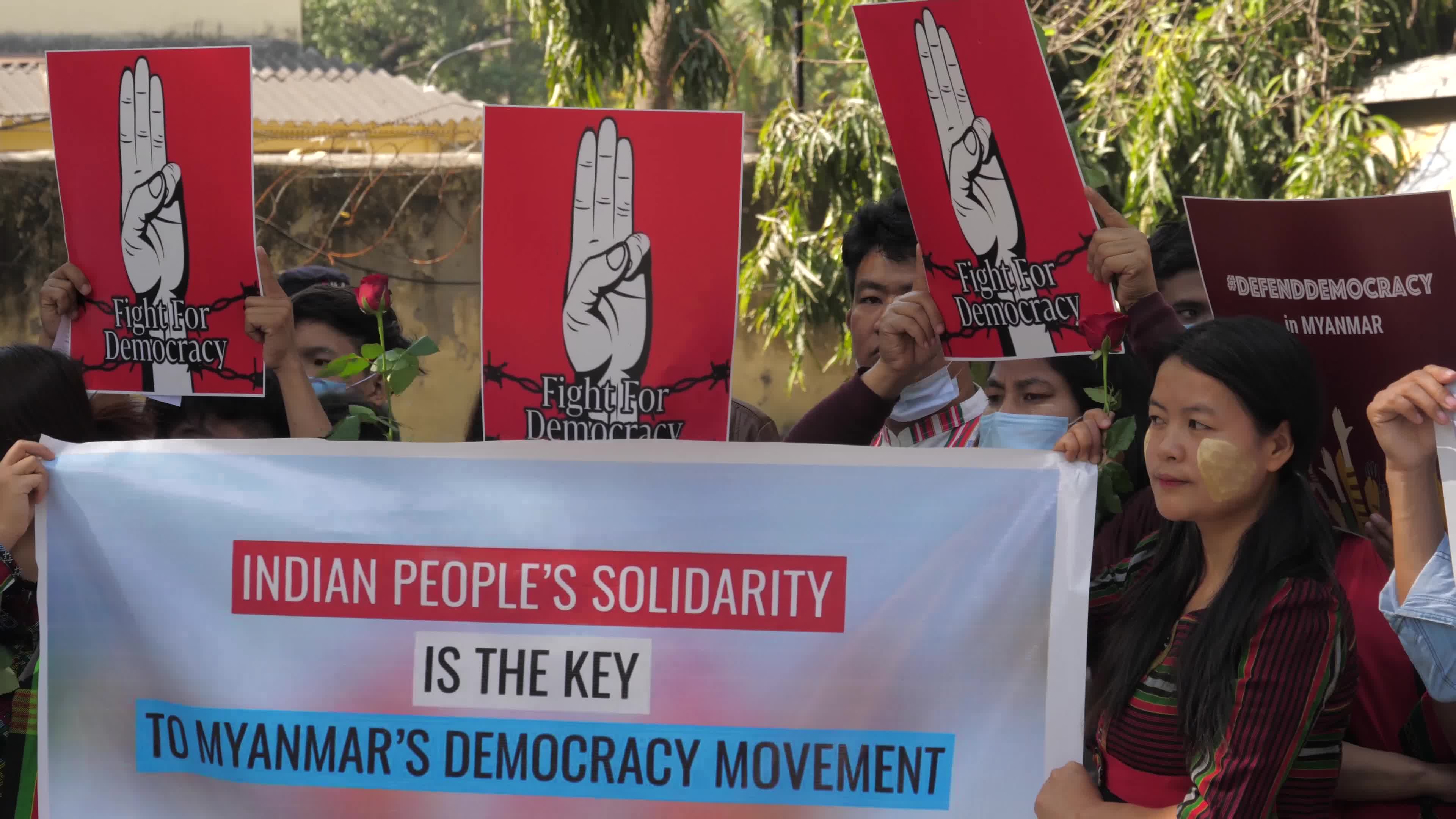 Protest against military coup in Myanmar, in New Delhi, India.