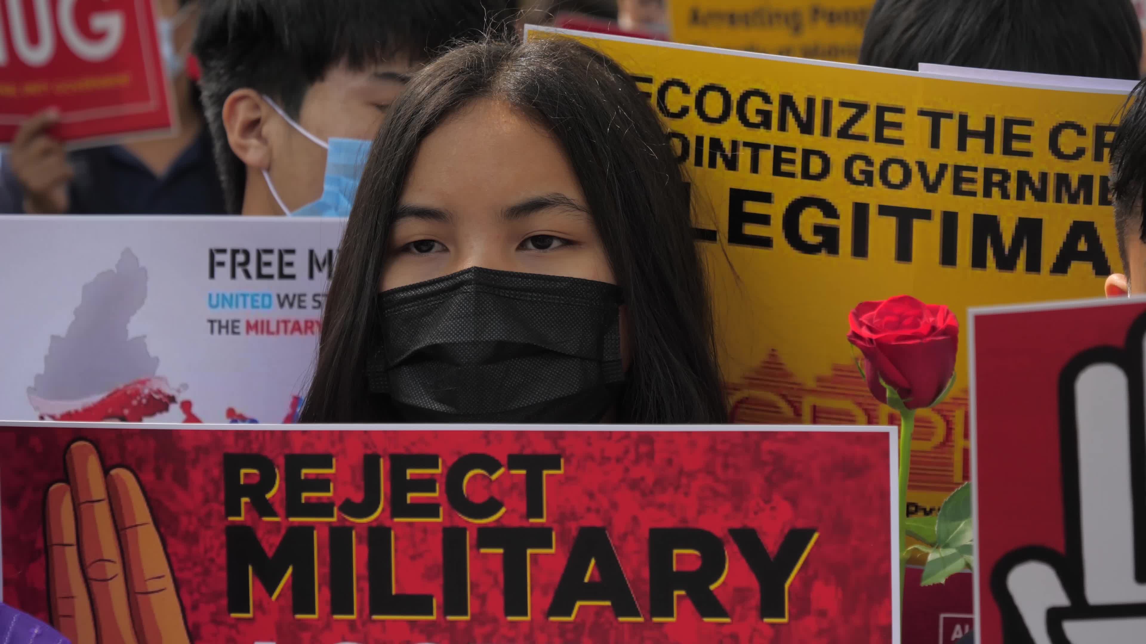Protest against military coup in Myanmar, in New Delhi, India.