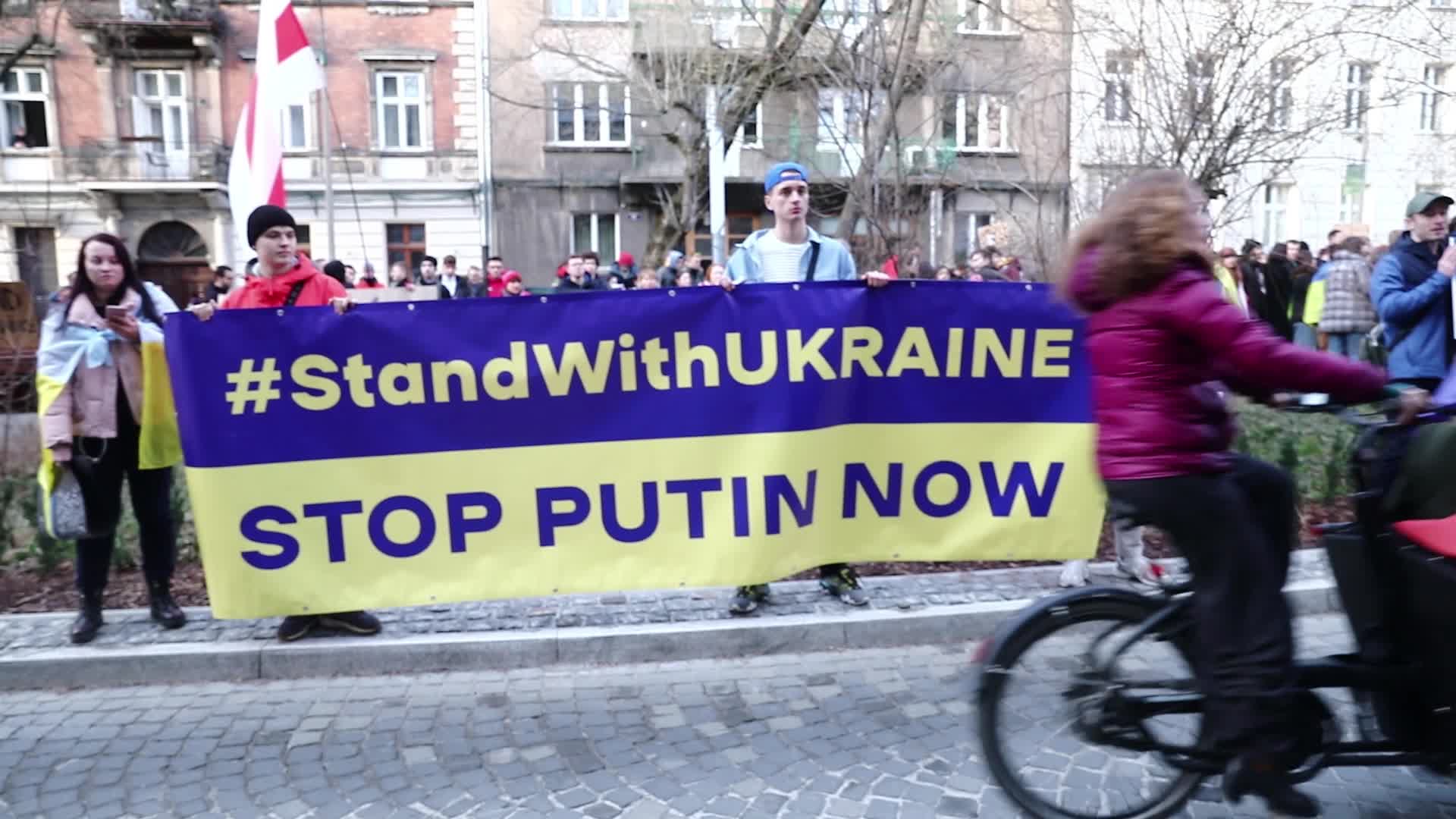 Protest Against Russian Agression In Ukraine. In Krakow, Poland