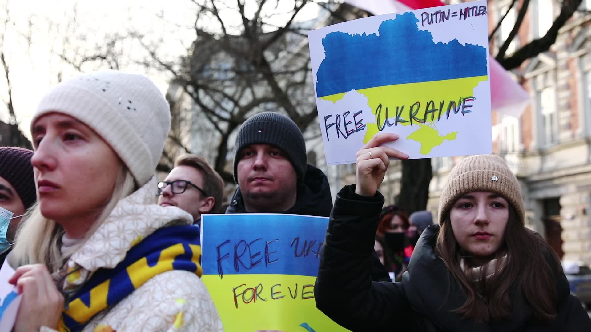 Protest Against Russian Agression In Ukraine. In Krakow, Poland