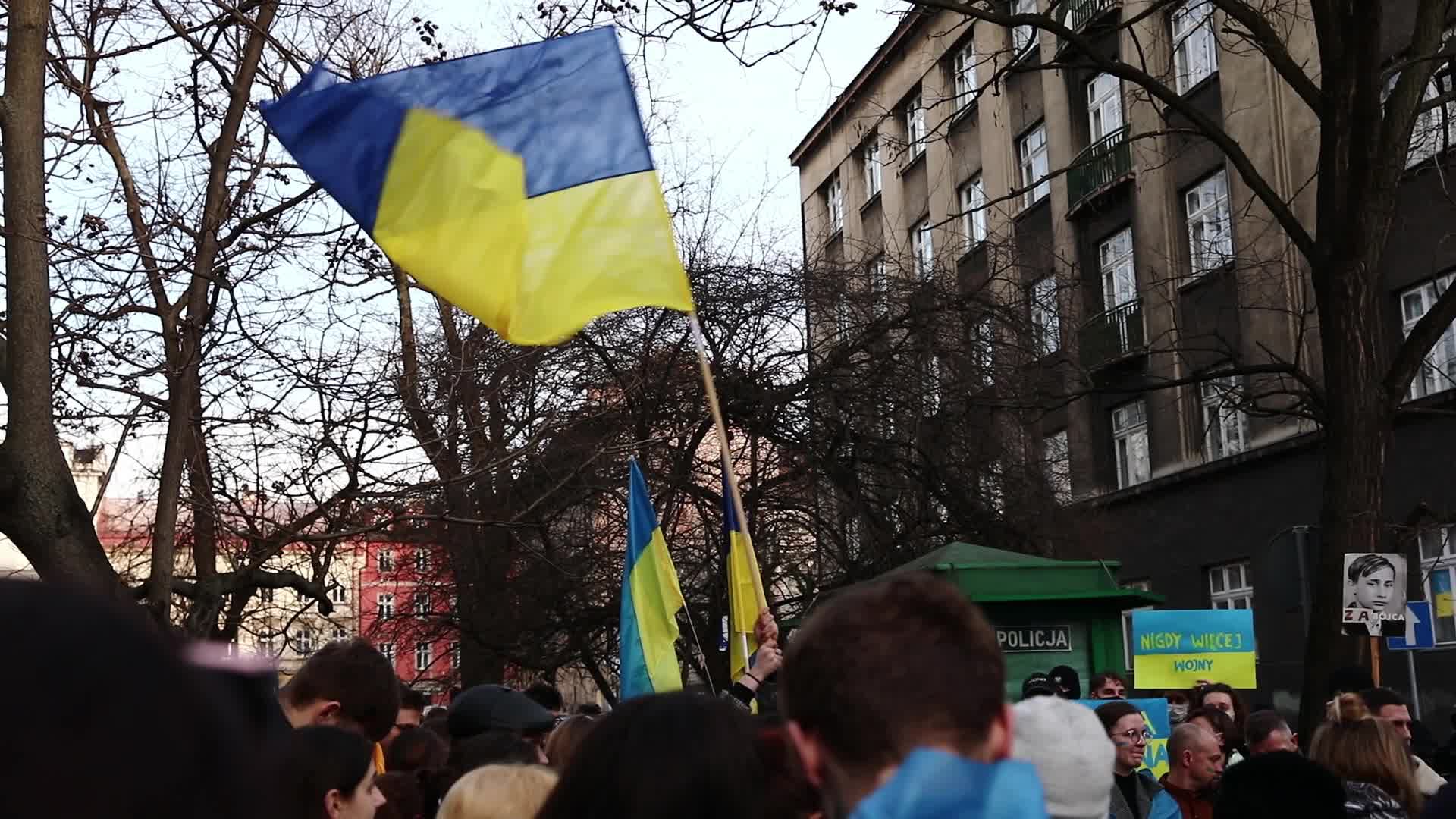 Protest Against Russian Agression In Ukraine. In Krakow, Poland