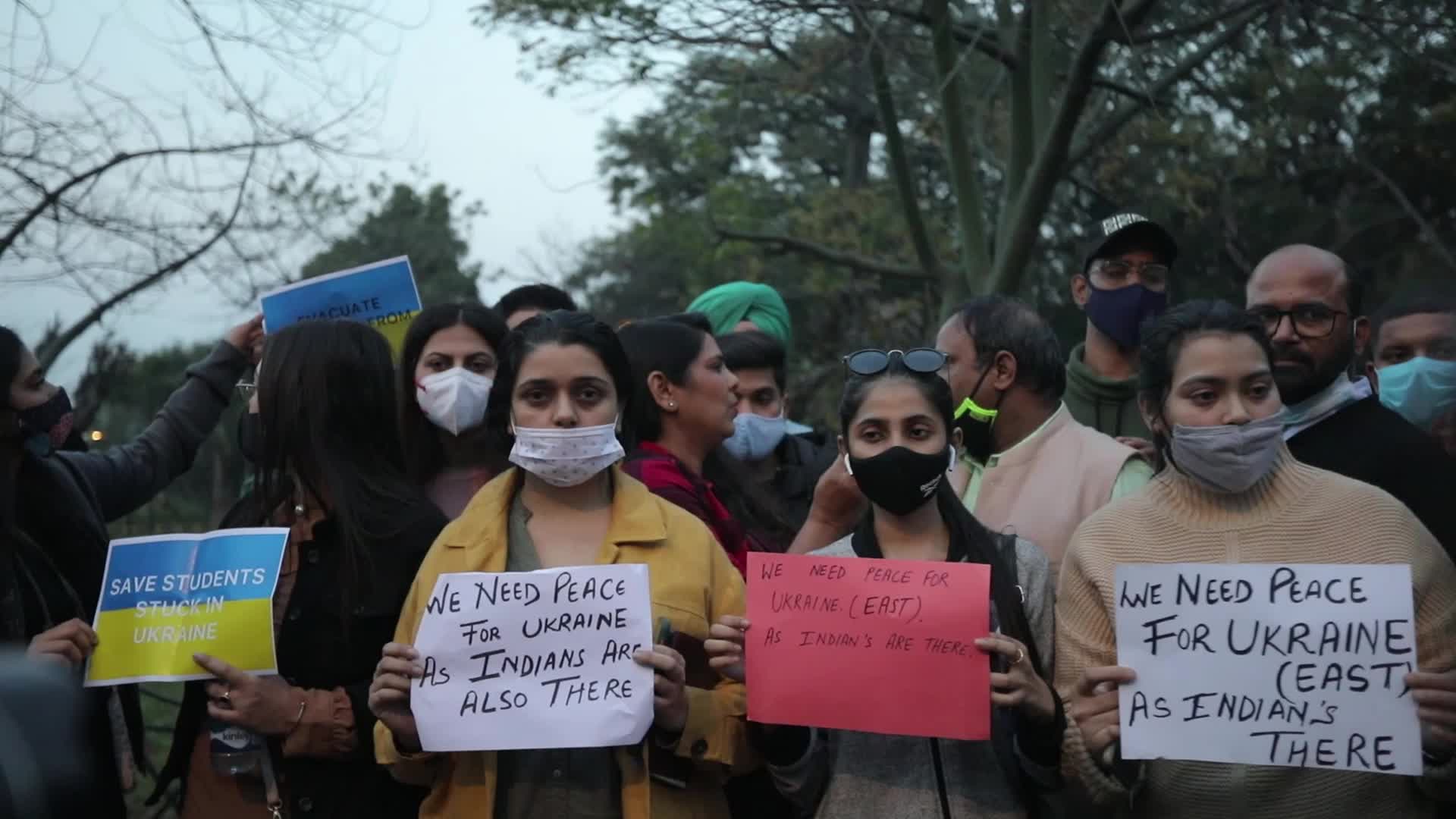 Relatives and Friends of stranded Indian students in Ukraine demonstrates at Russian Embassy in New Delhi, India