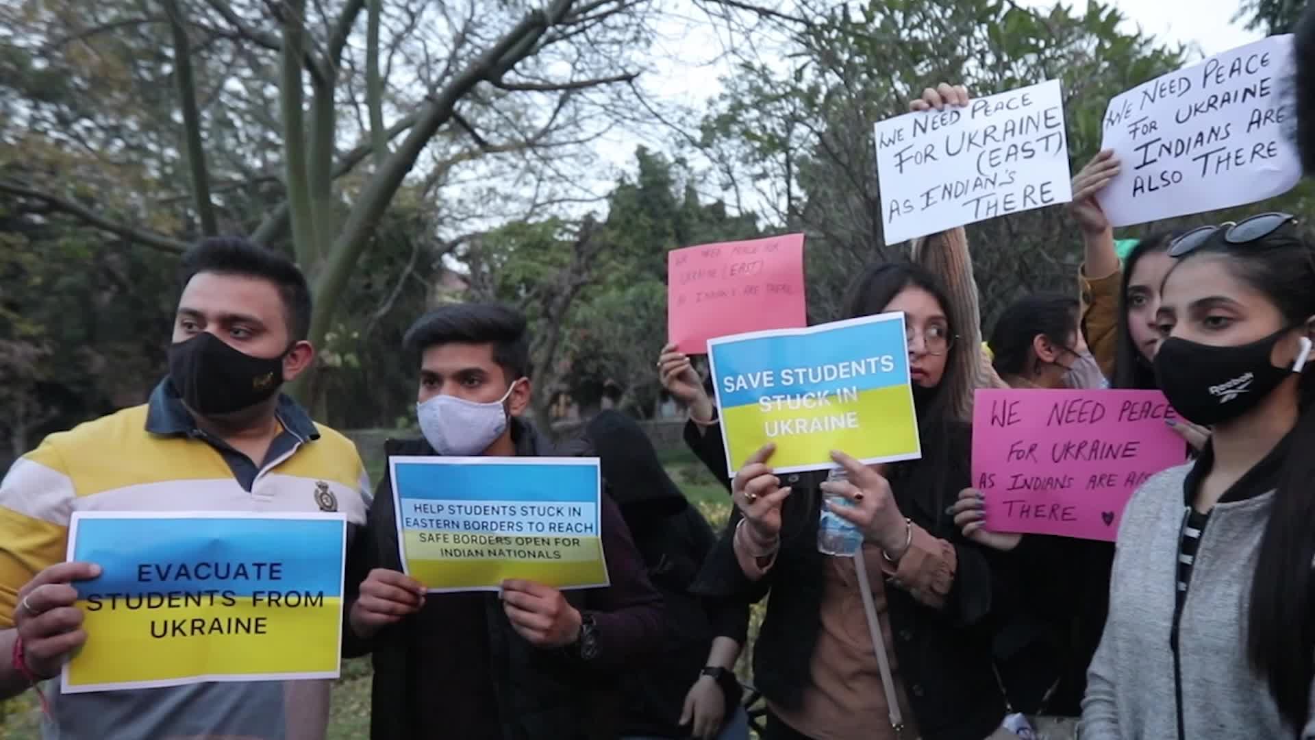Relatives and Friends of stranded Indian students in Ukraine demonstrates at Russian Embassy in New Delhi, India