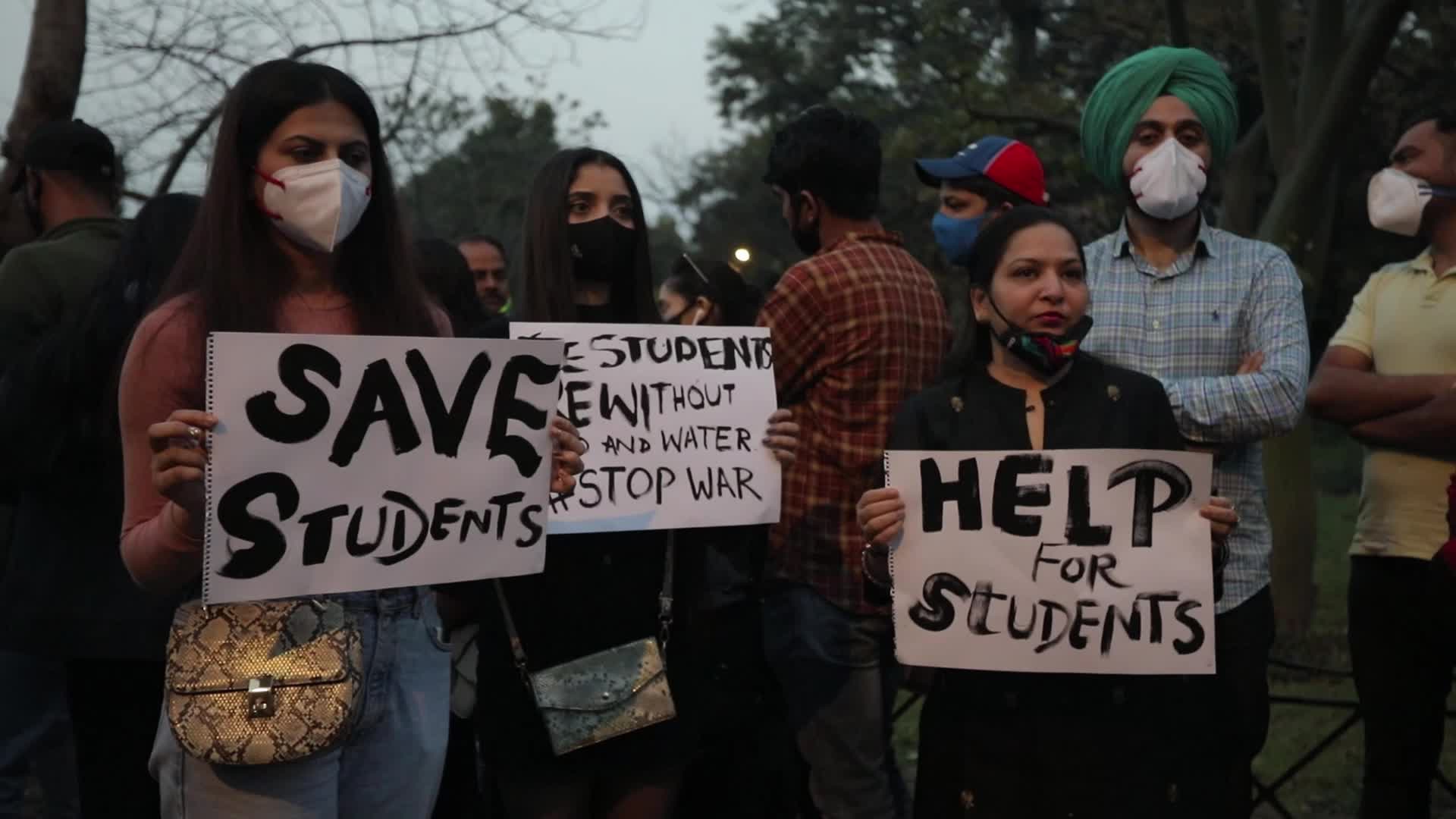 Relatives and Friends of stranded Indian students in Ukraine demonstrates at Russian Embassy in New Delhi, India