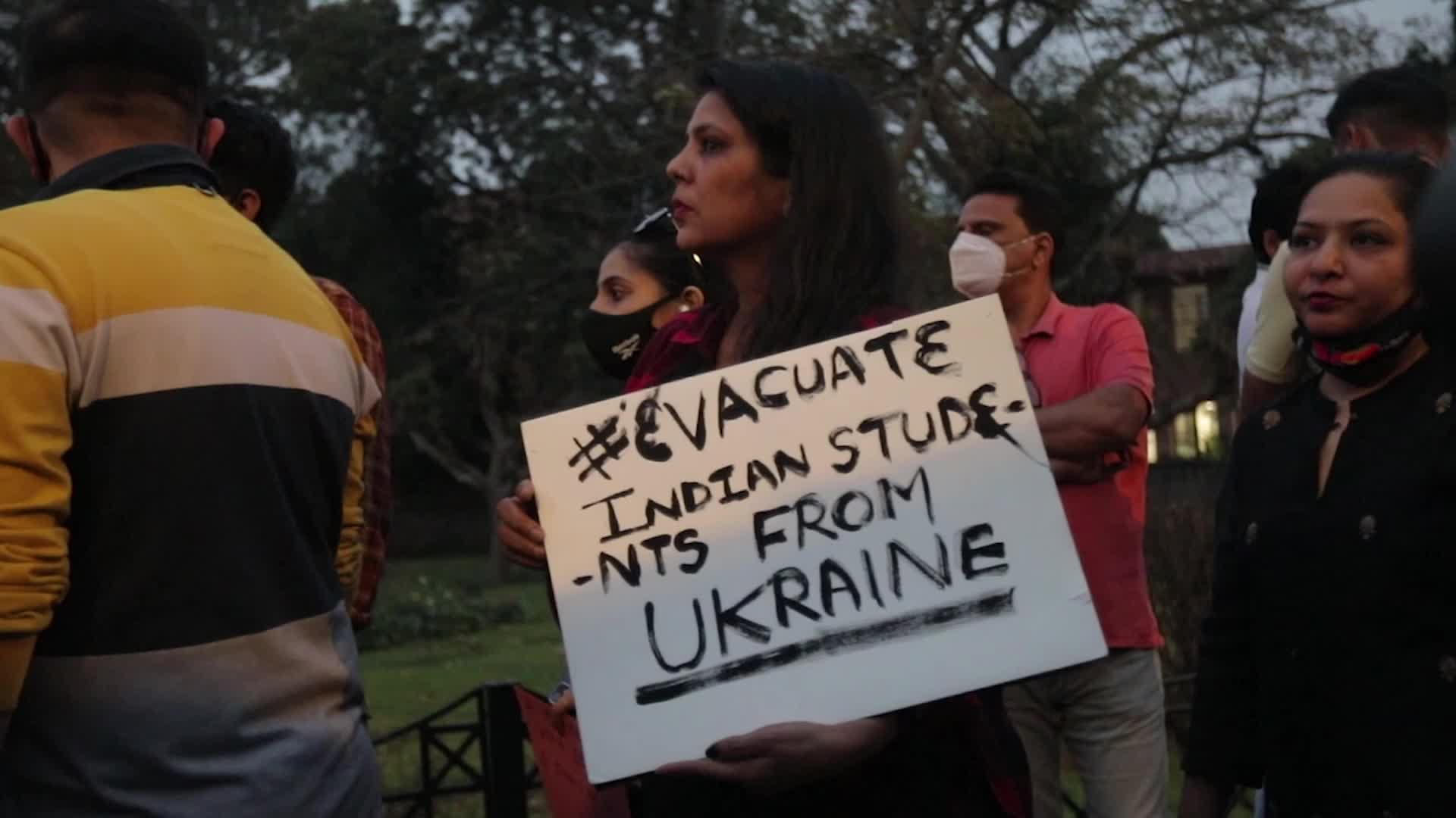 Relatives and Friends of stranded Indian students in Ukraine demonstrates at Russian Embassy in New Delhi, India