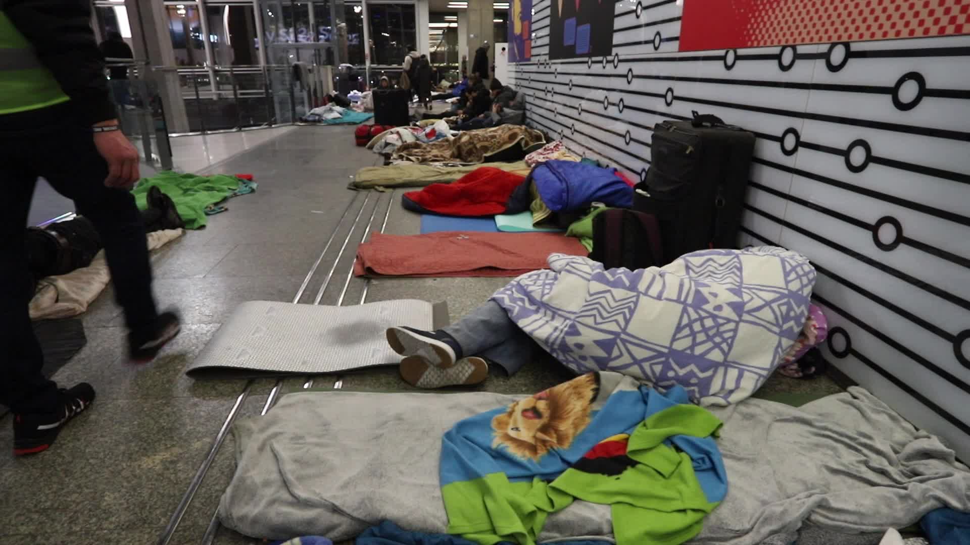 Refugees from Ukraine camp at the Warsaw Central Railway Station