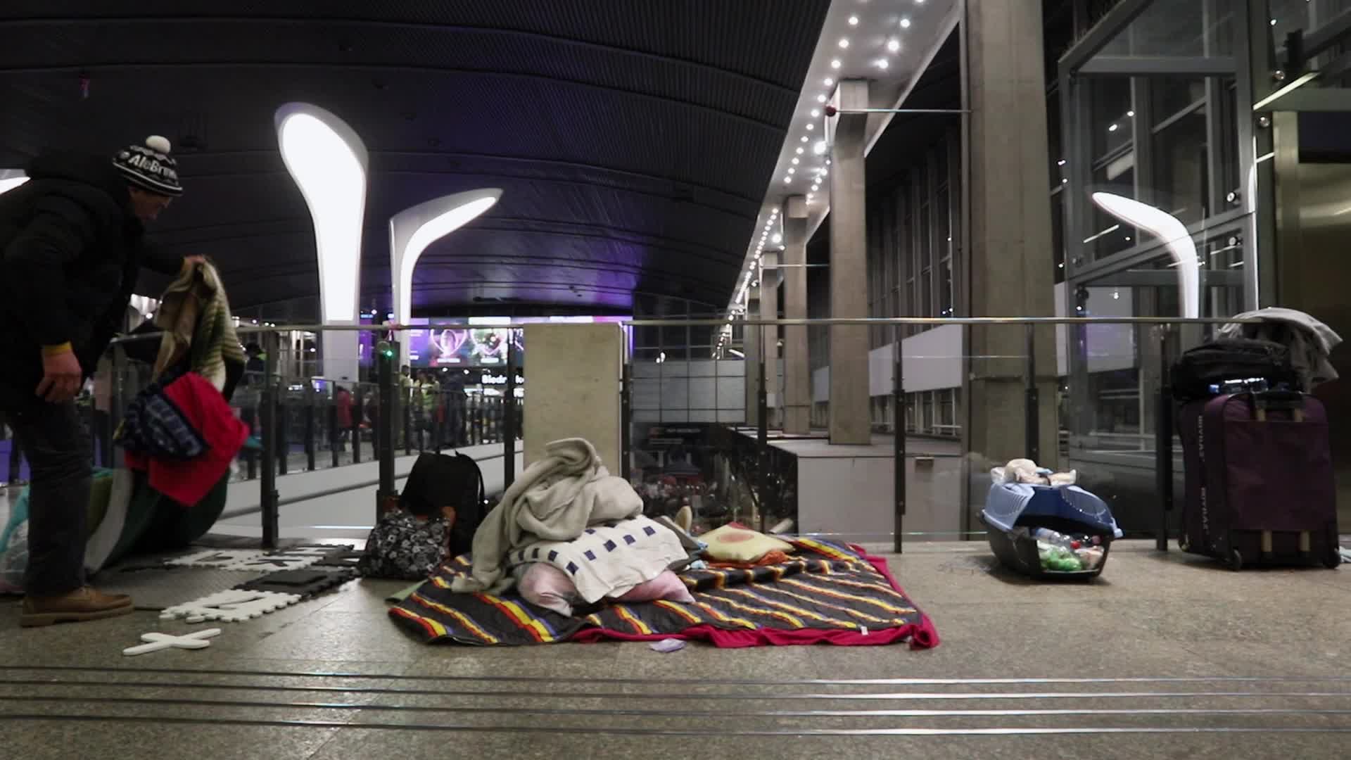 Refugees from Ukraine camp at the Warsaw Central Railway Station