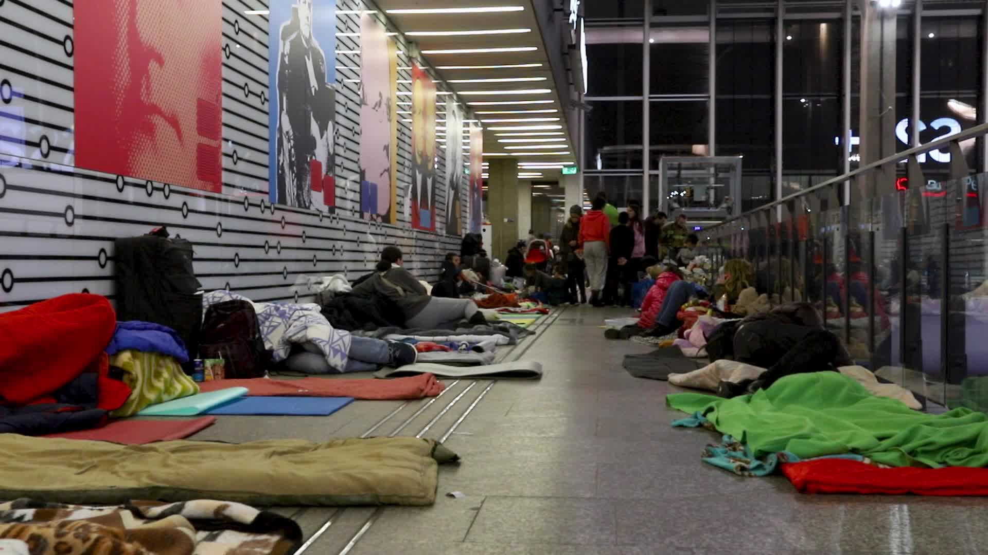 Refugees from Ukraine camp at the Warsaw Central Railway Station