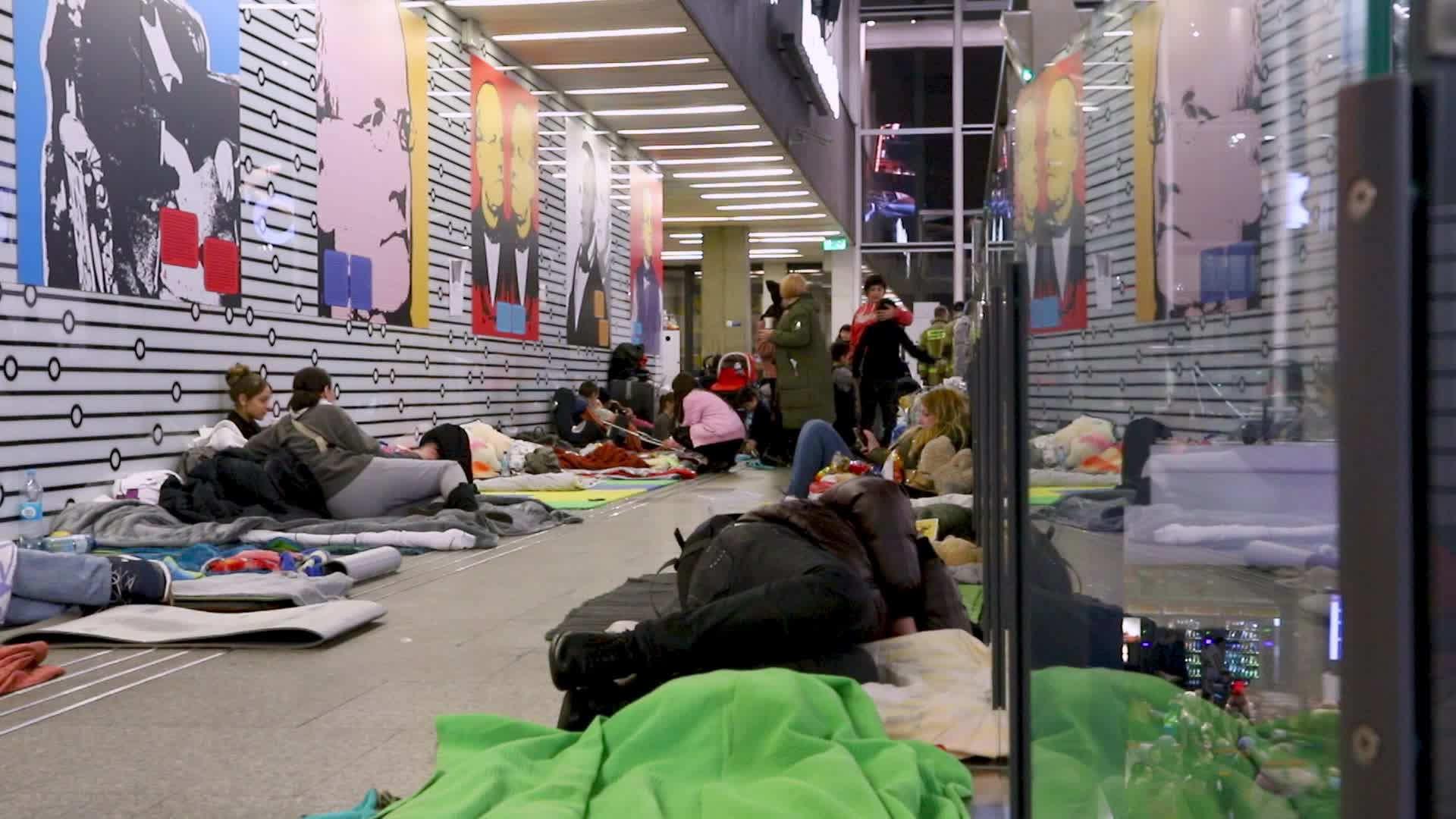 Refugees from Ukraine camp at the Warsaw Central Railway Station
