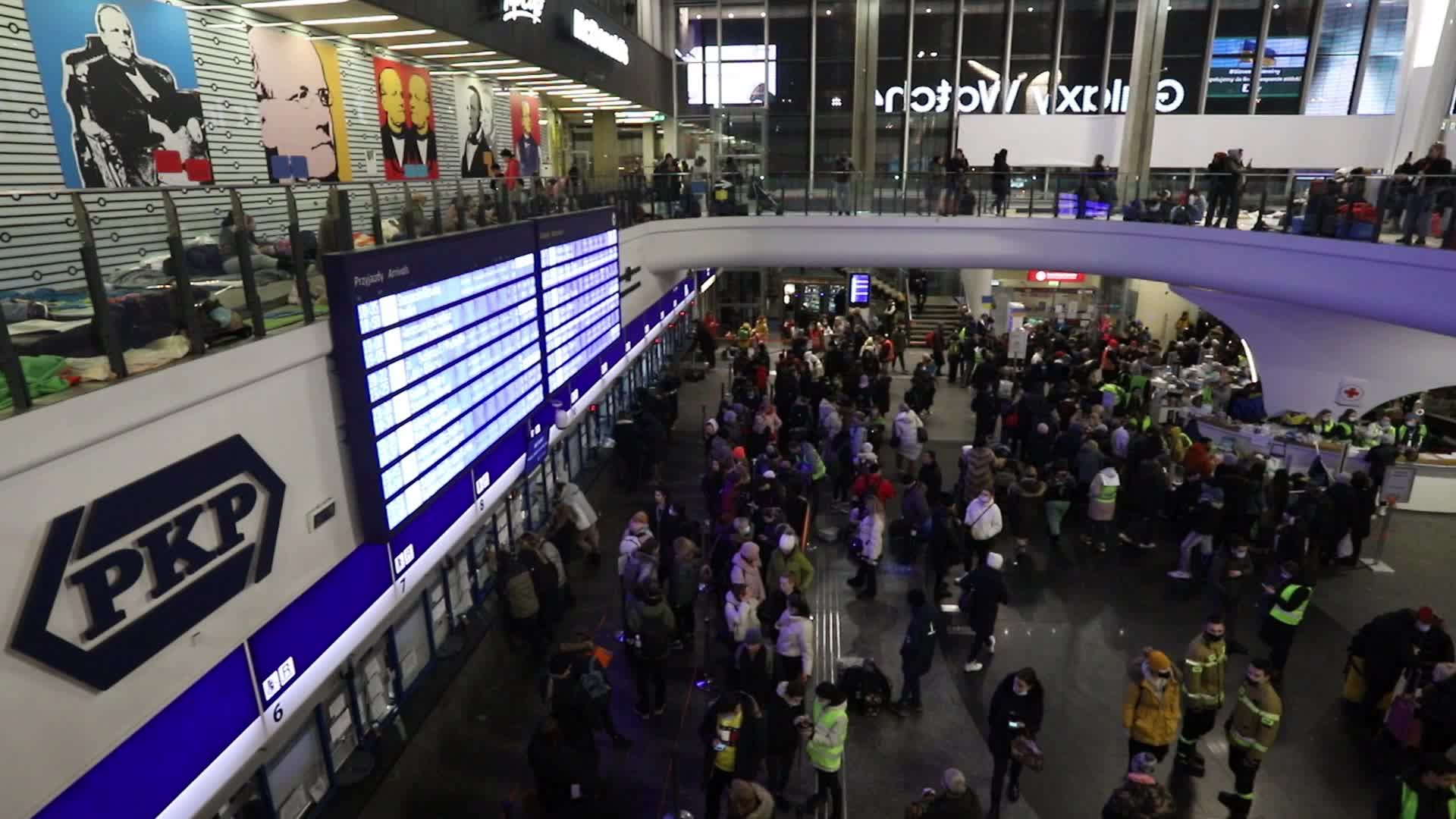 Refugees from Ukraine camp at the Warsaw Central Railway Station