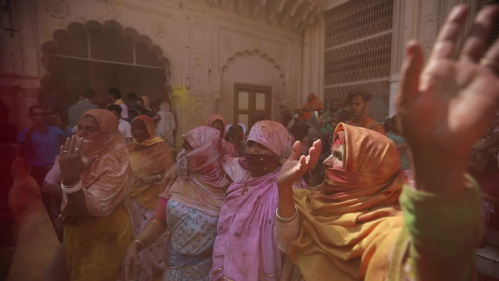 Indian widows celebrates Holi festival in India.