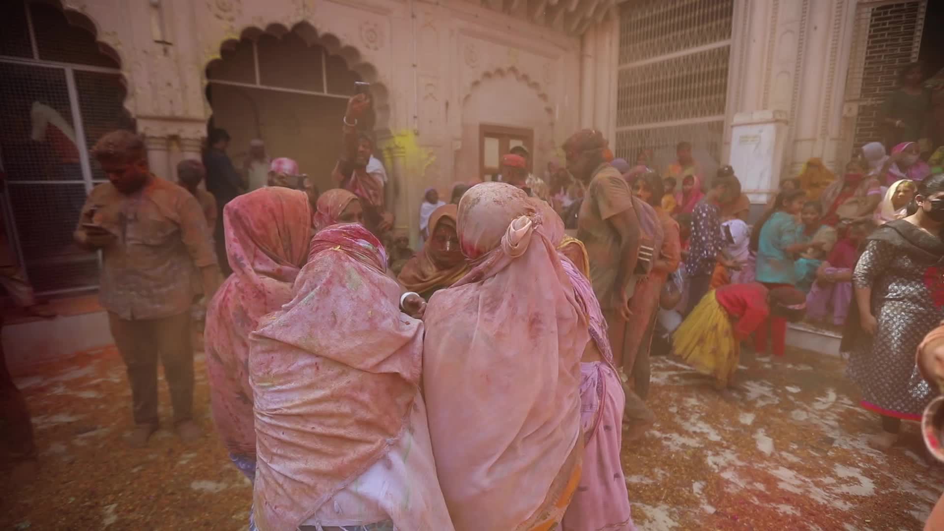 Indian widows celebrates Holi festival in India.