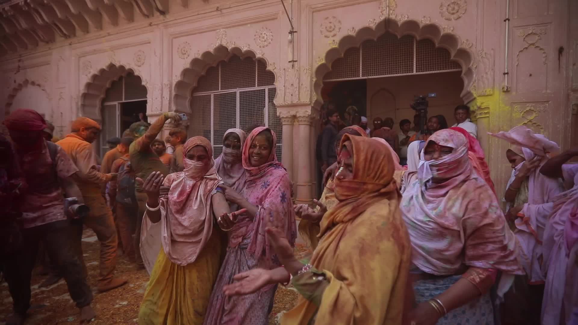 Indian widows celebrates Holi festival in India.