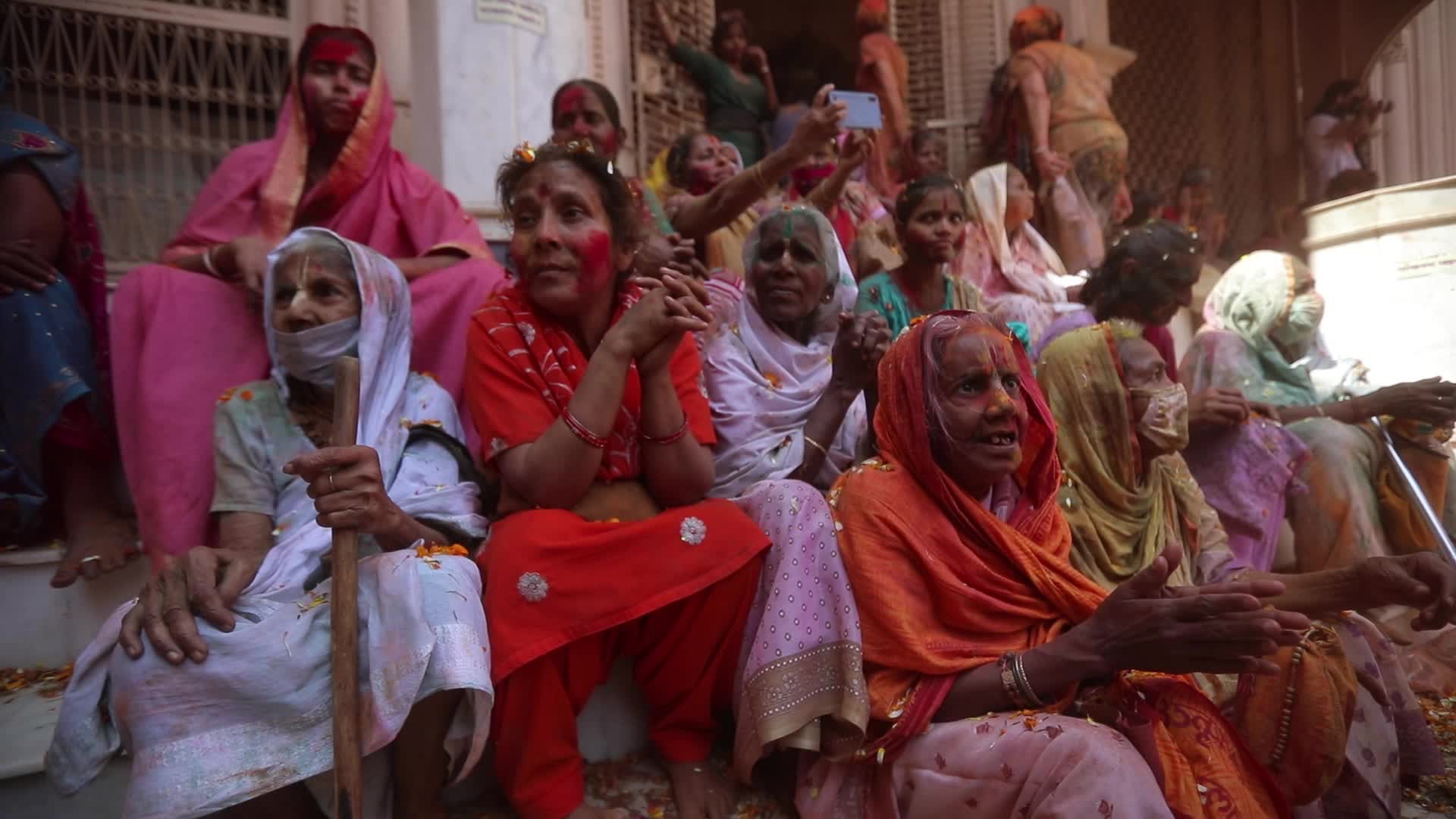 Indian widows celebrates Holi festival in India.