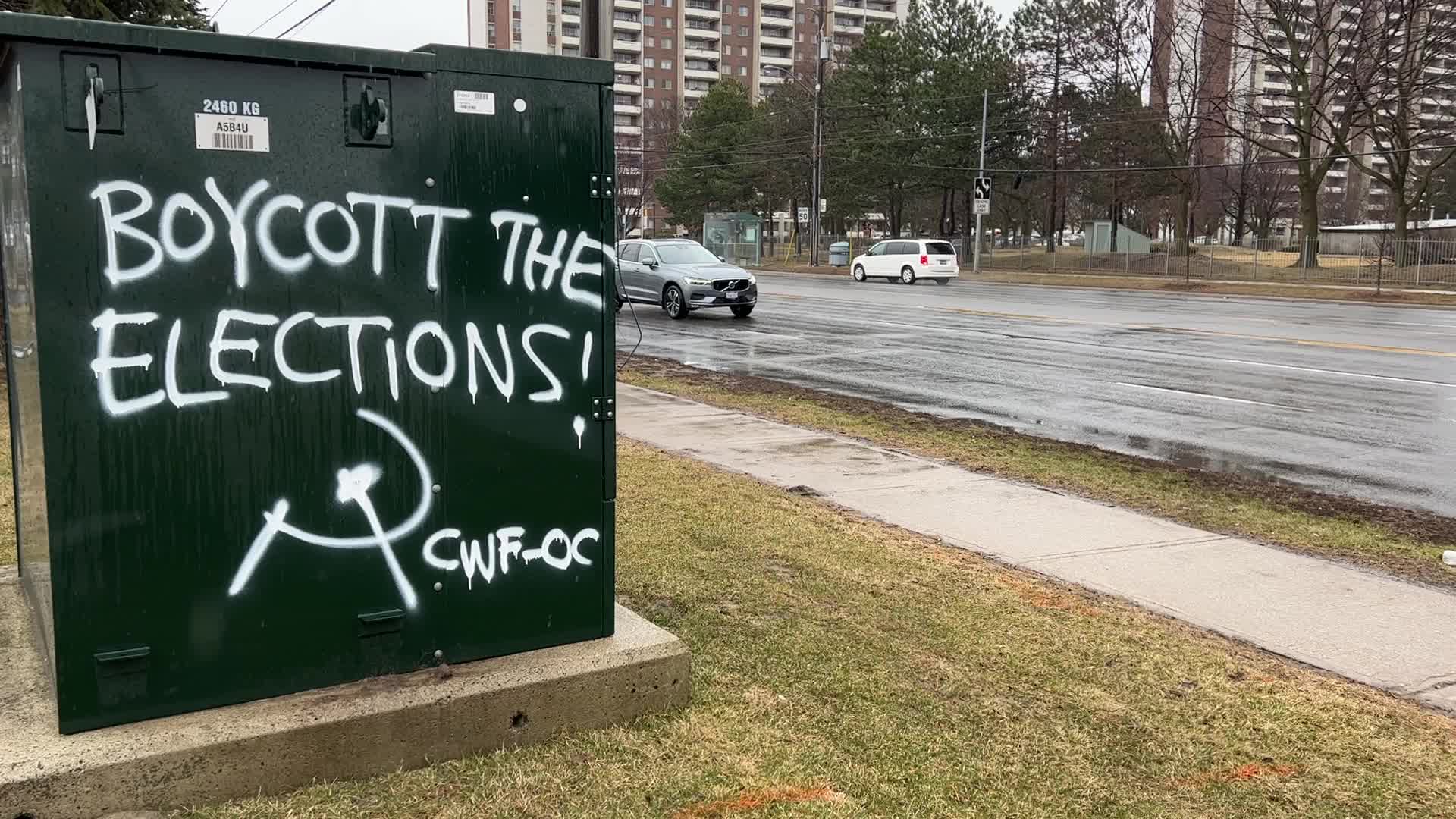 Graffiti urging people to boycott the upcoming Provincial Election