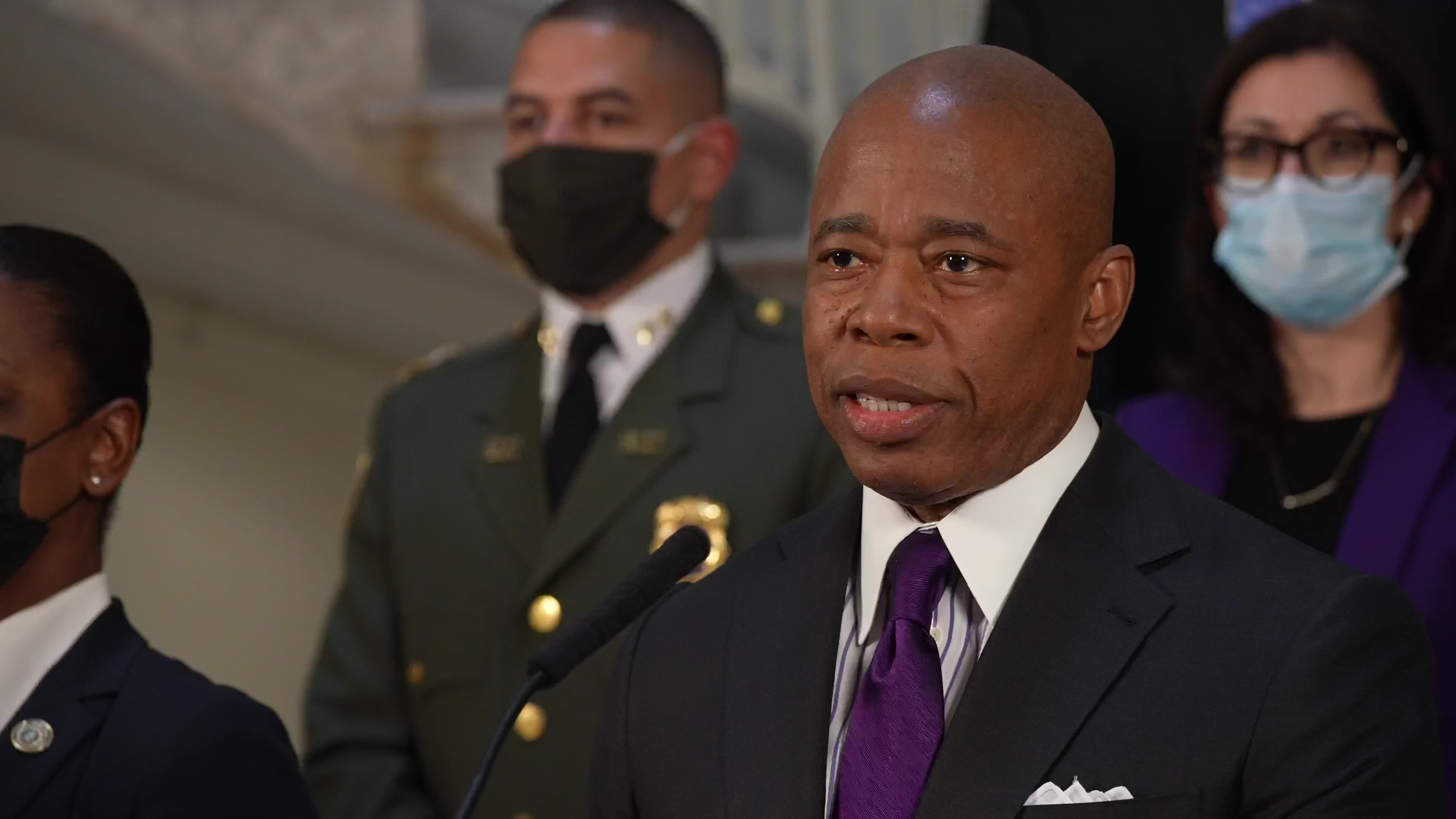 Mayor Eric Adams holds a press conference regarding homelessness in New York City.