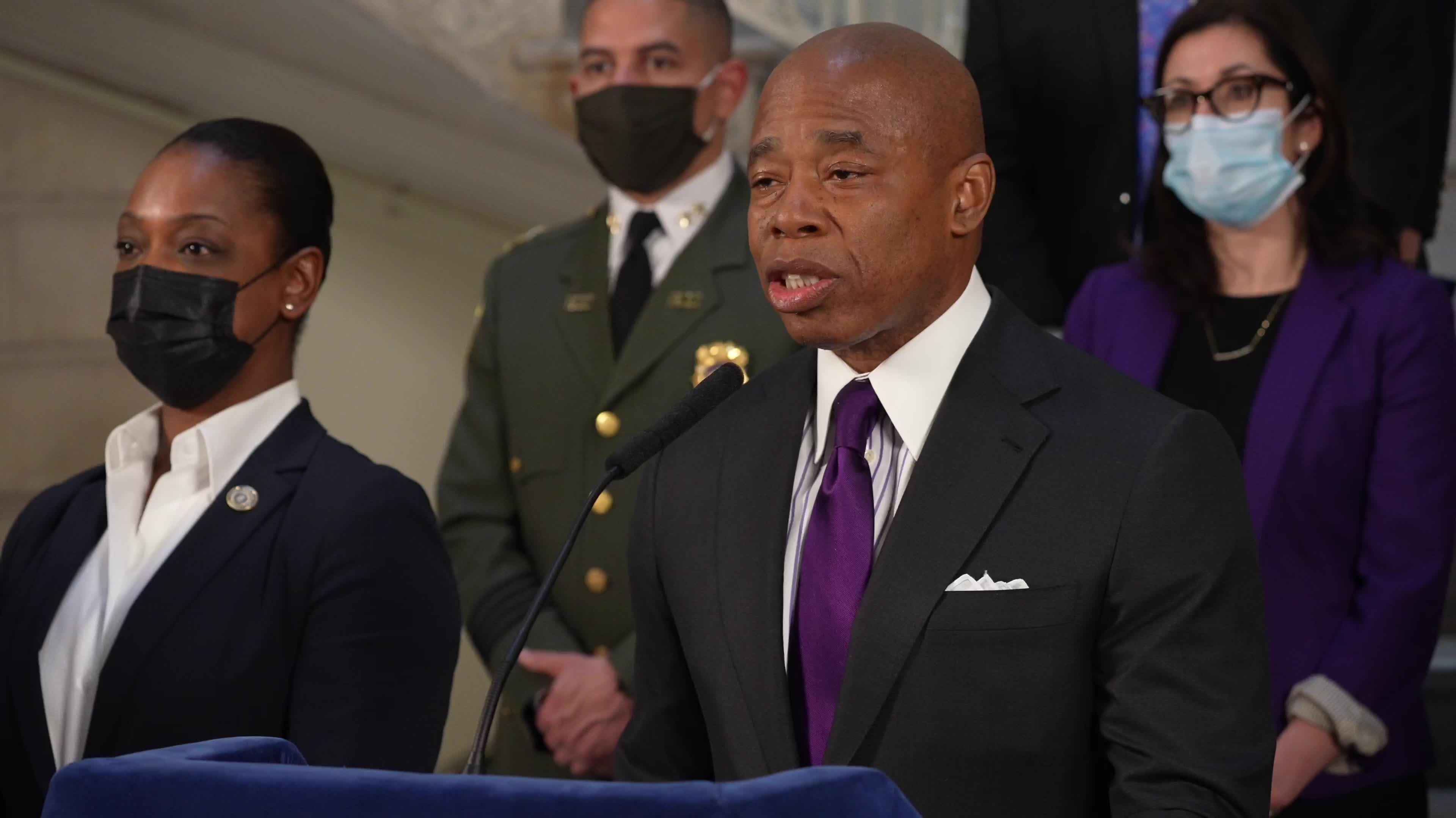 Mayor Eric Adams holds a press conference regarding homelessness in New York City.
