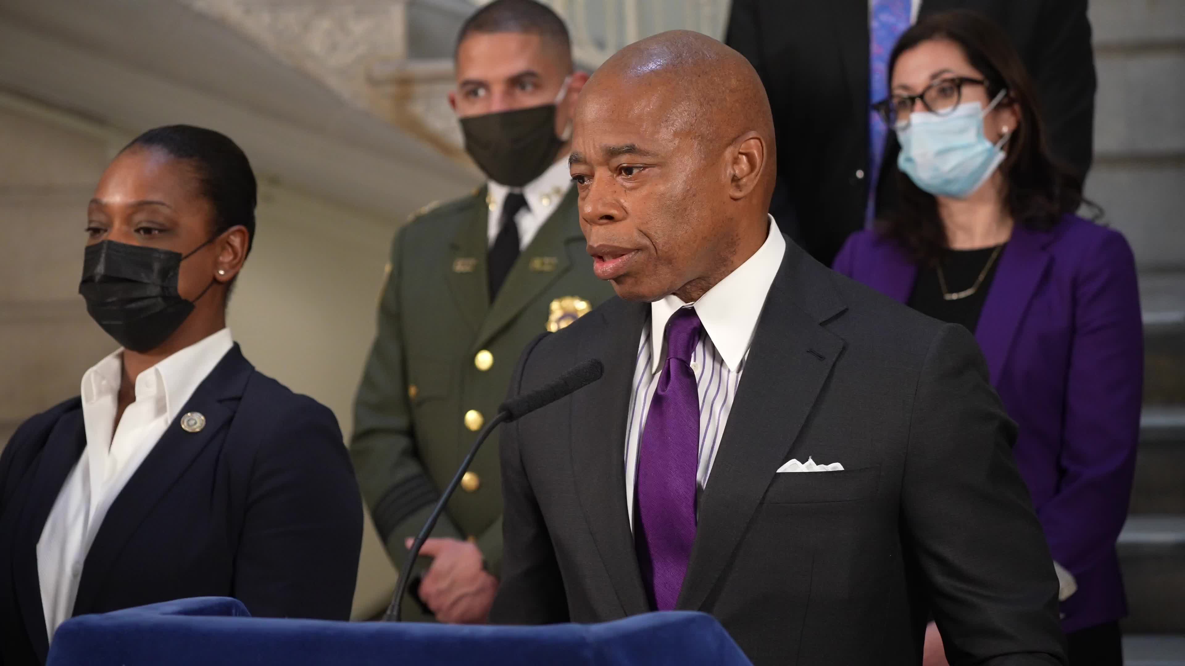 Mayor Eric Adams holds a press conference regarding homelessness in New York City.