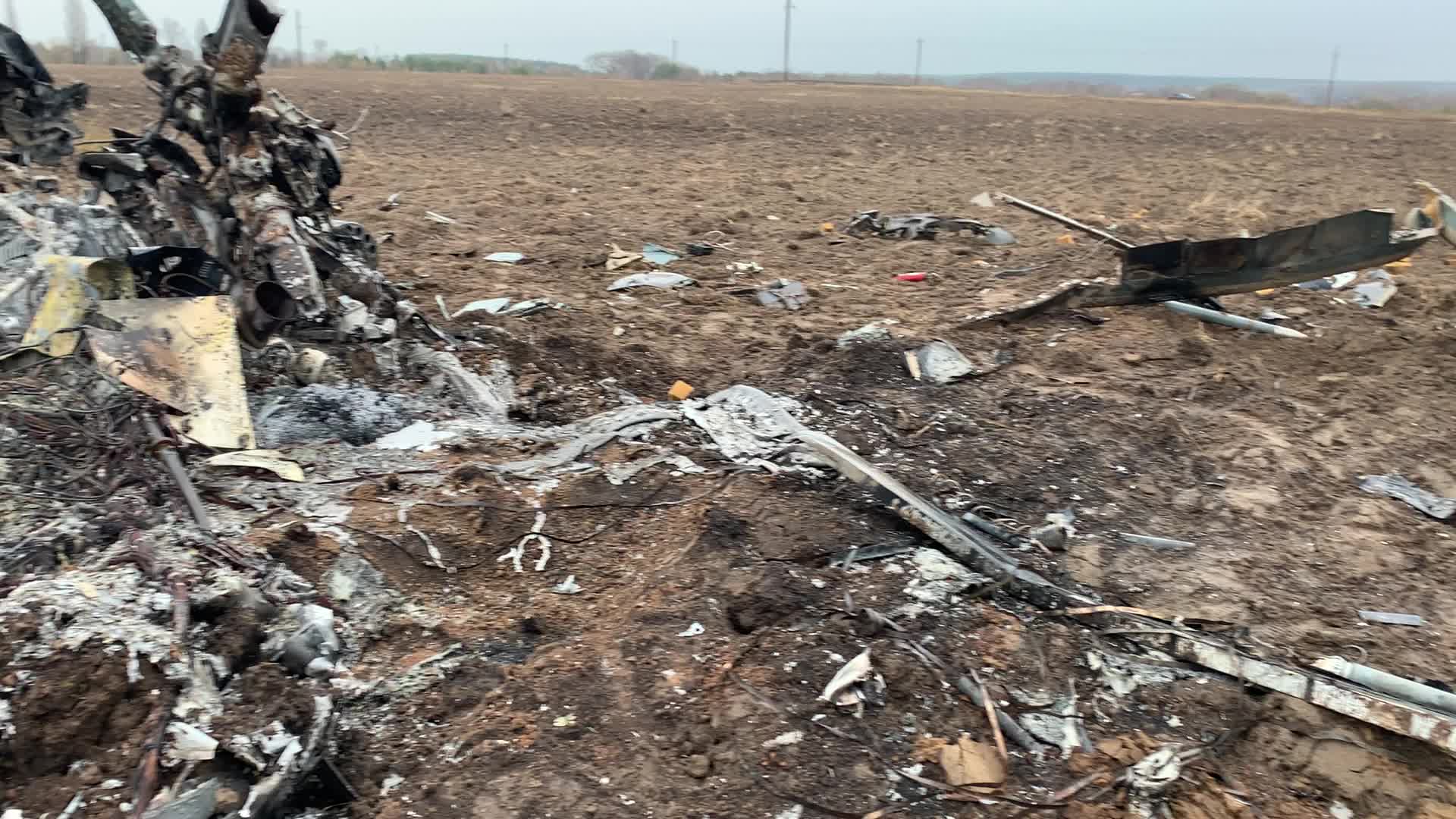Fragments of a Russian military helicopter Mi-8 near Makariv, Kyiv area