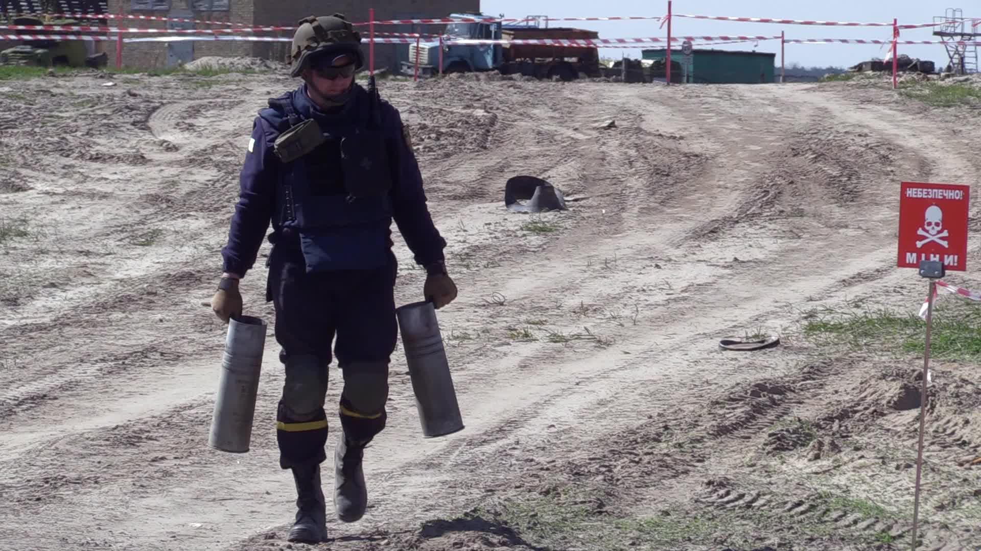 Ukrainian sappers carry out demining after recent battles at the Hostomel airfield, amid Russian invasion in Ukraine.