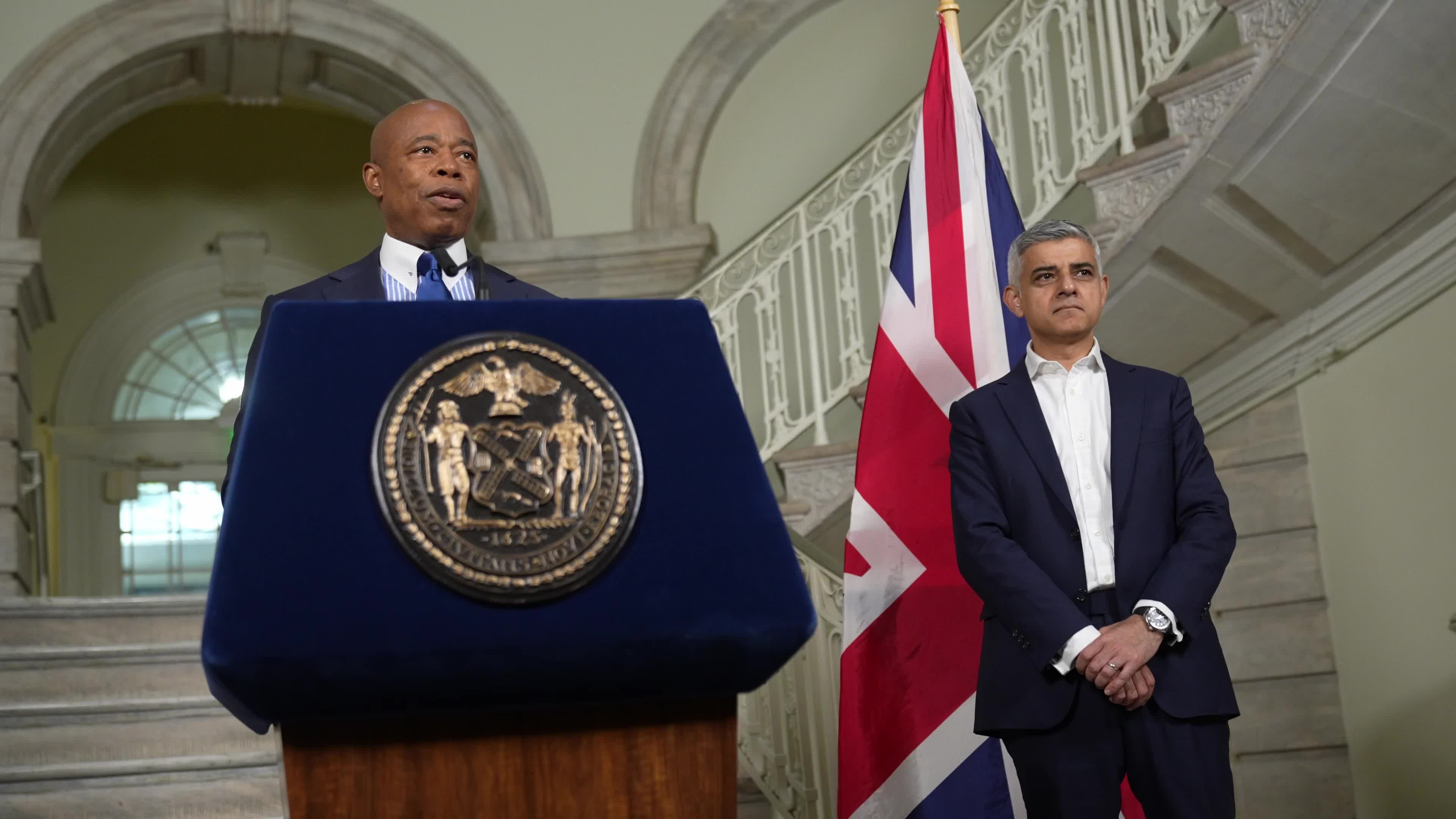 Mayor Eric Adams Makes an Announcement With London Mayor Sadiq Khan
