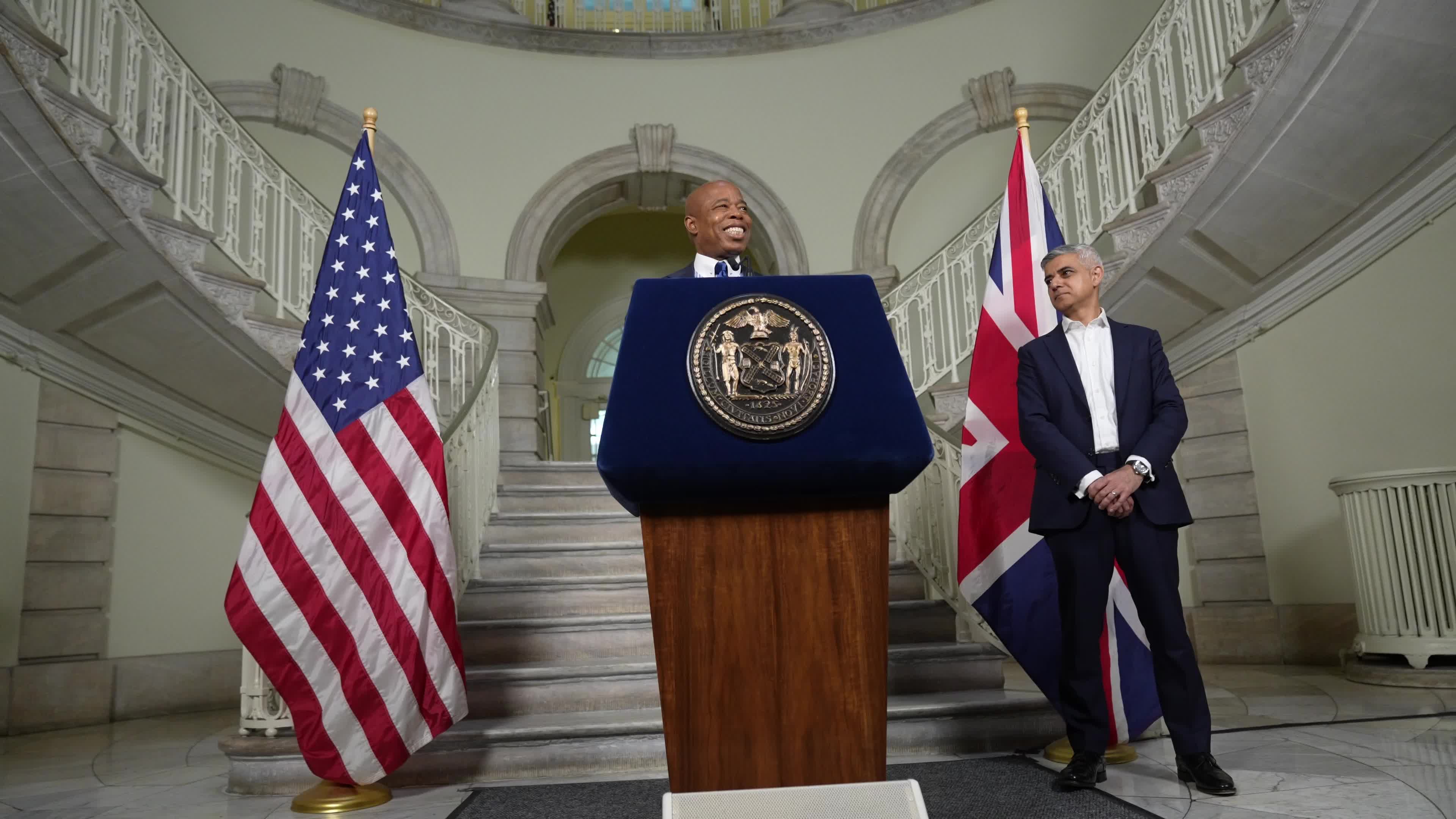 Mayor Eric Adams Makes an Announcement With London Mayor Sadiq Khan