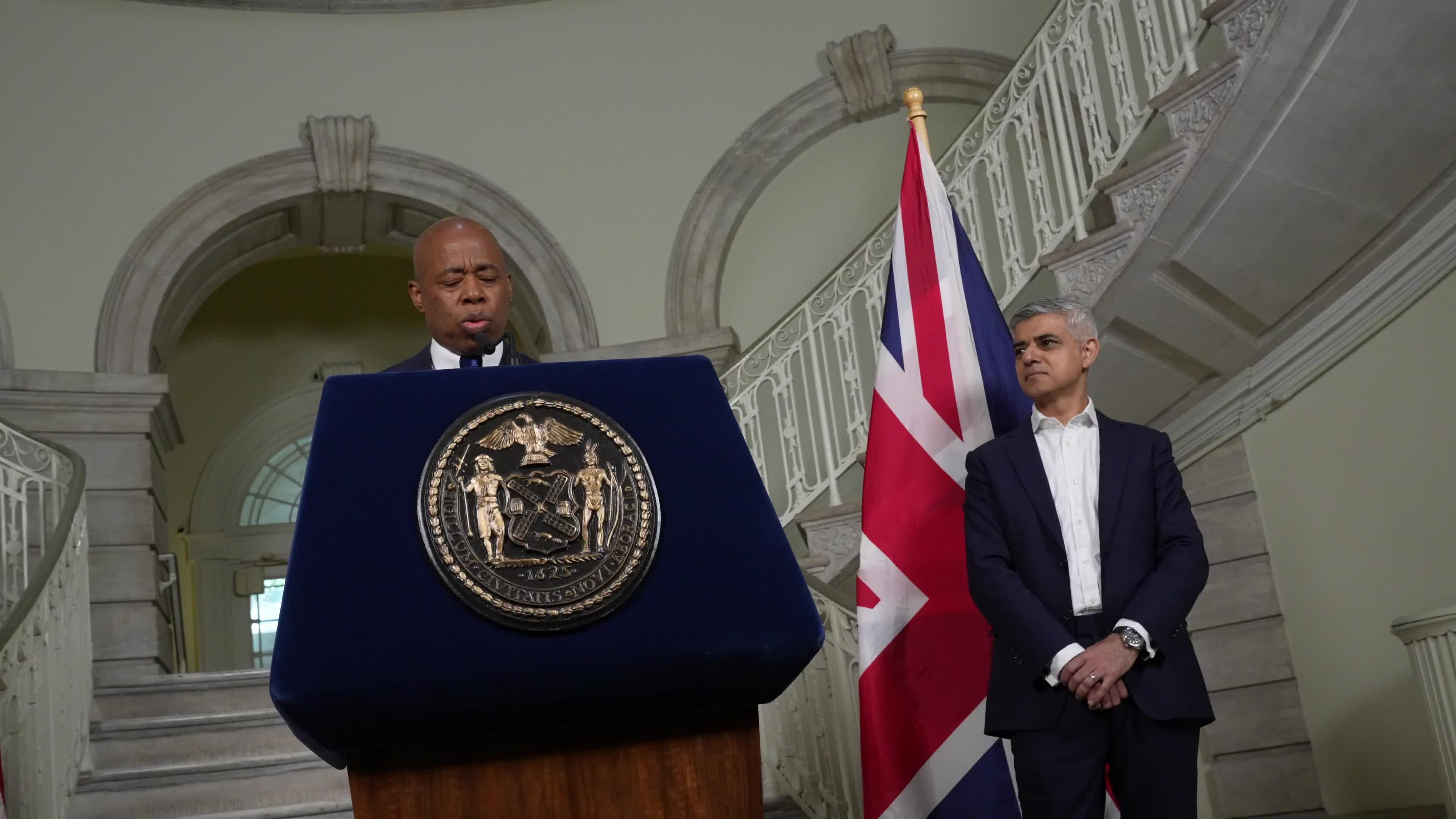 Mayor Eric Adams Makes an Announcement With London Mayor Sadiq Khan