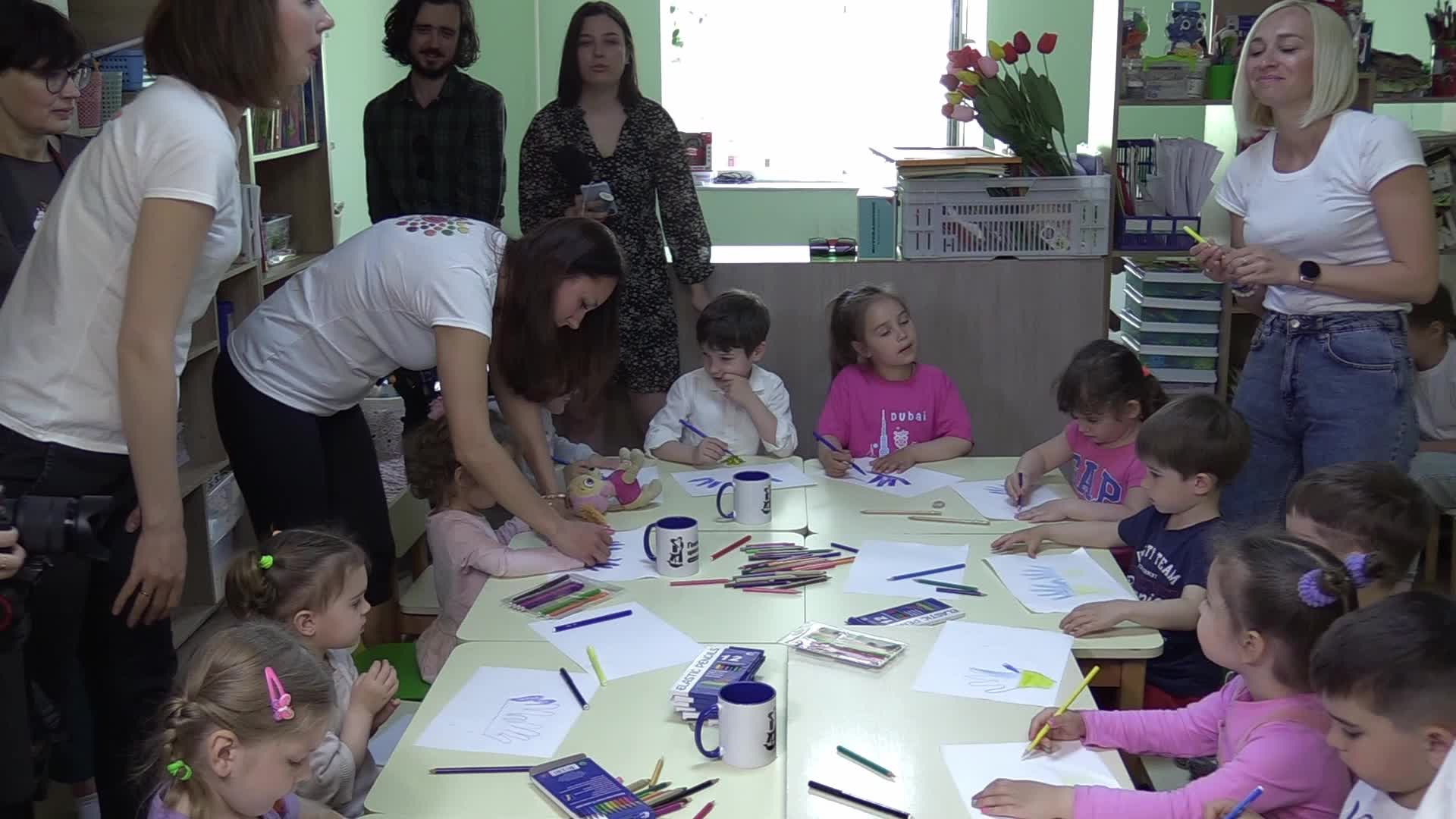 Ukrainian displaced children draw pictures to make chevrons for Ukrainian soldiers in Odesa, amid Russian invasion in Ukraine