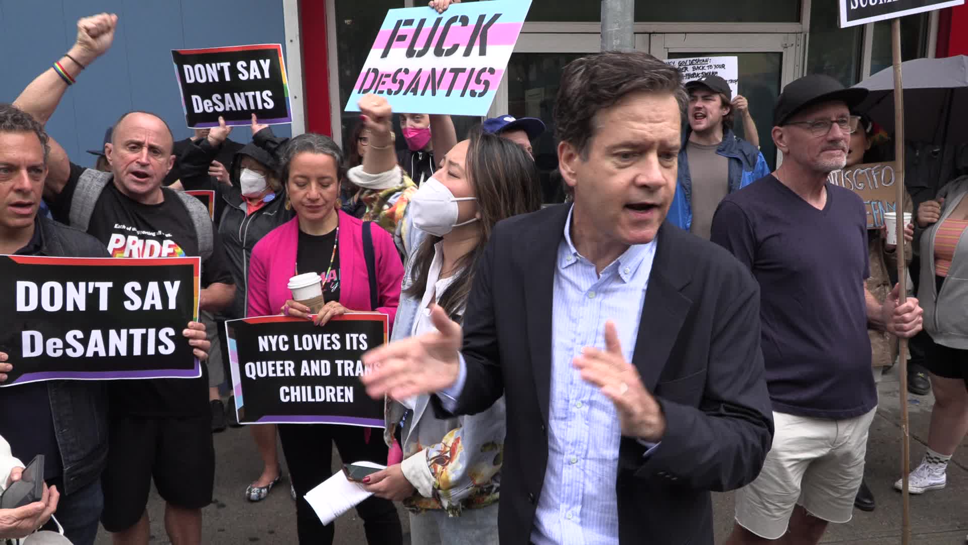 NYC: LGBTQ advocates denounces Florida Governor DeSantis at Chelsea Piers