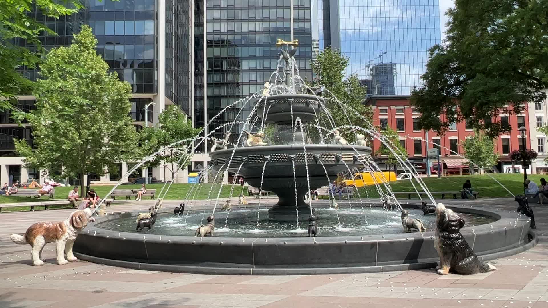Dog fountain at Berczy Park in Toronto