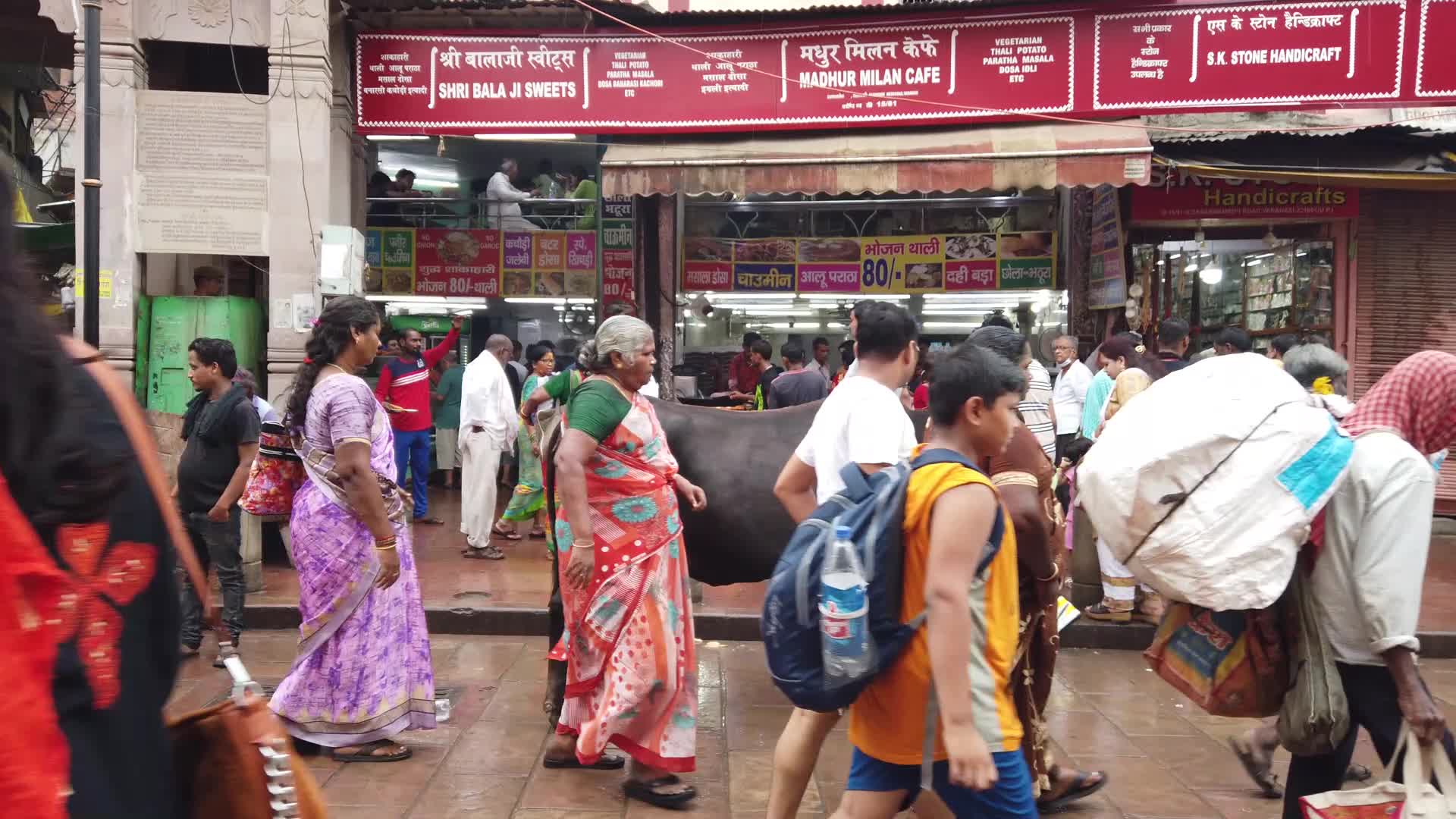 Pilgrims and Cow during rain near Kashi Vishwanath lane