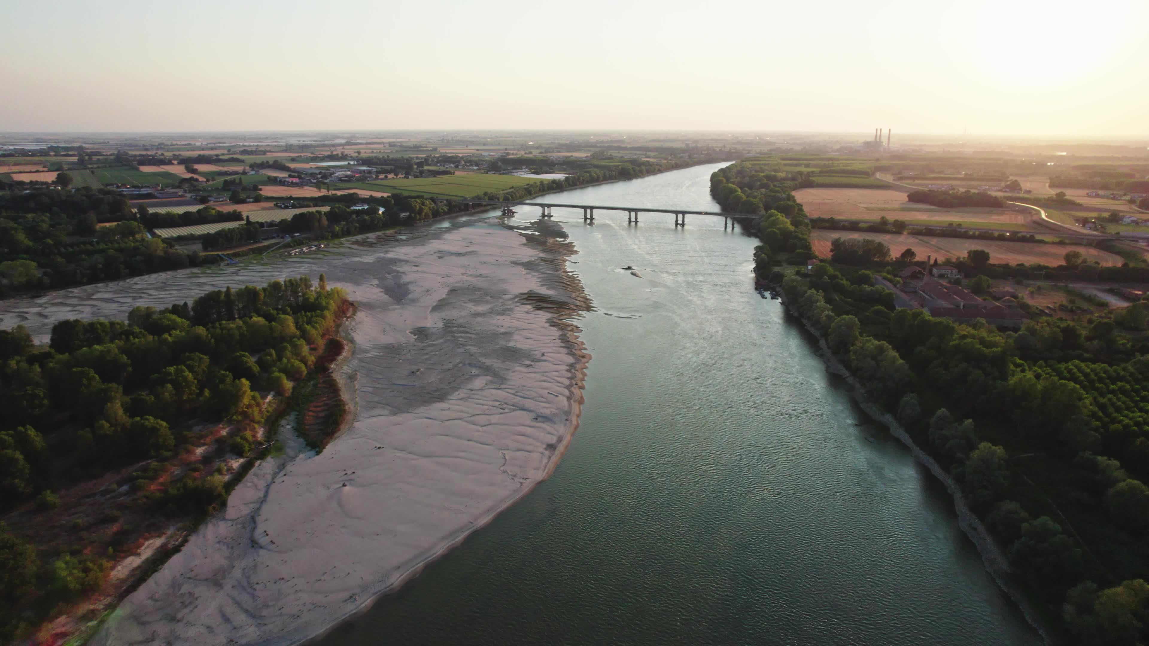 Aerial View Of Italy's River Po Drained By The Worst Drought In 70 Years
