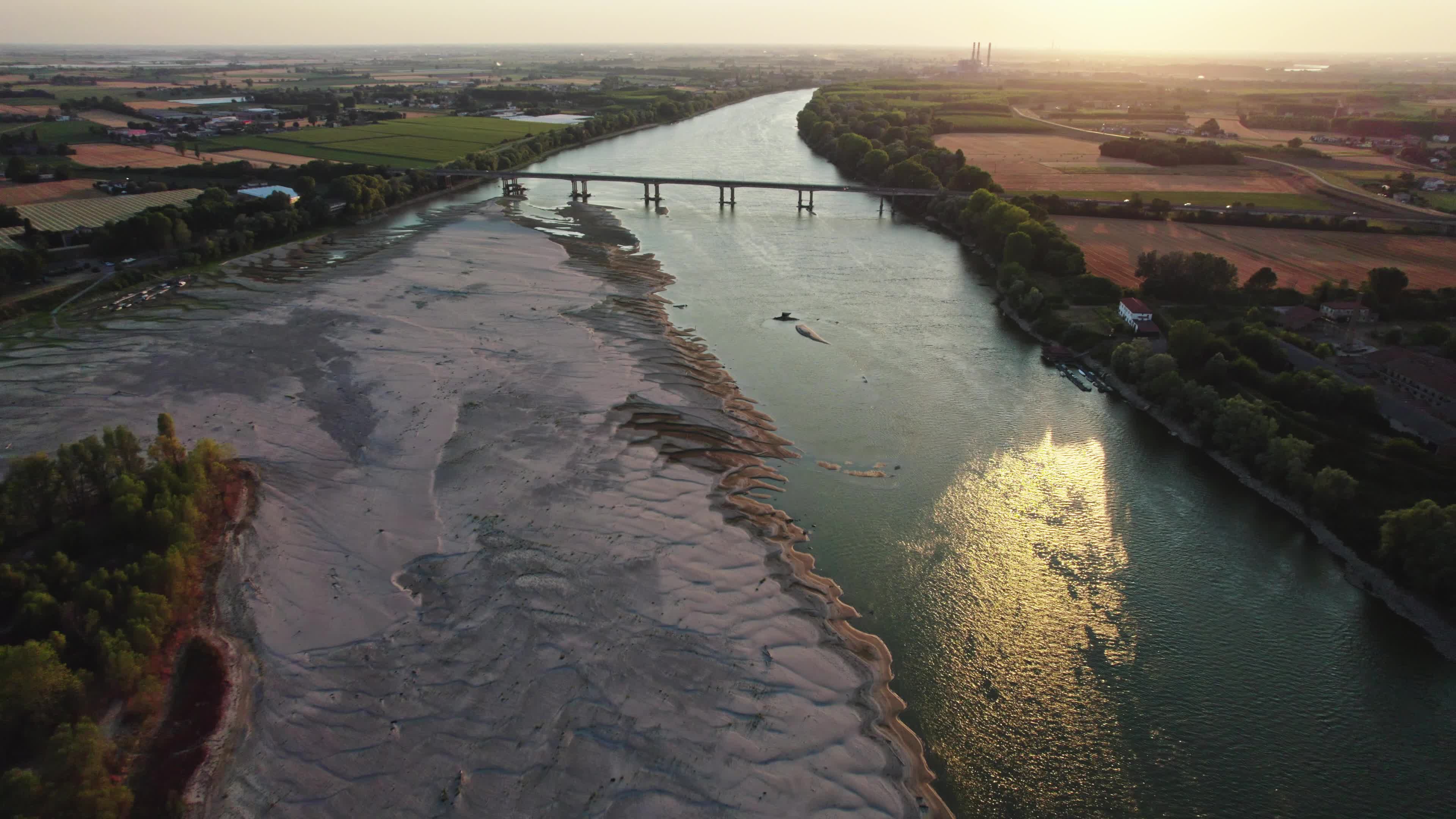 Aerial View Of Italy's River Po Drained By The Worst Drought In 70 Years