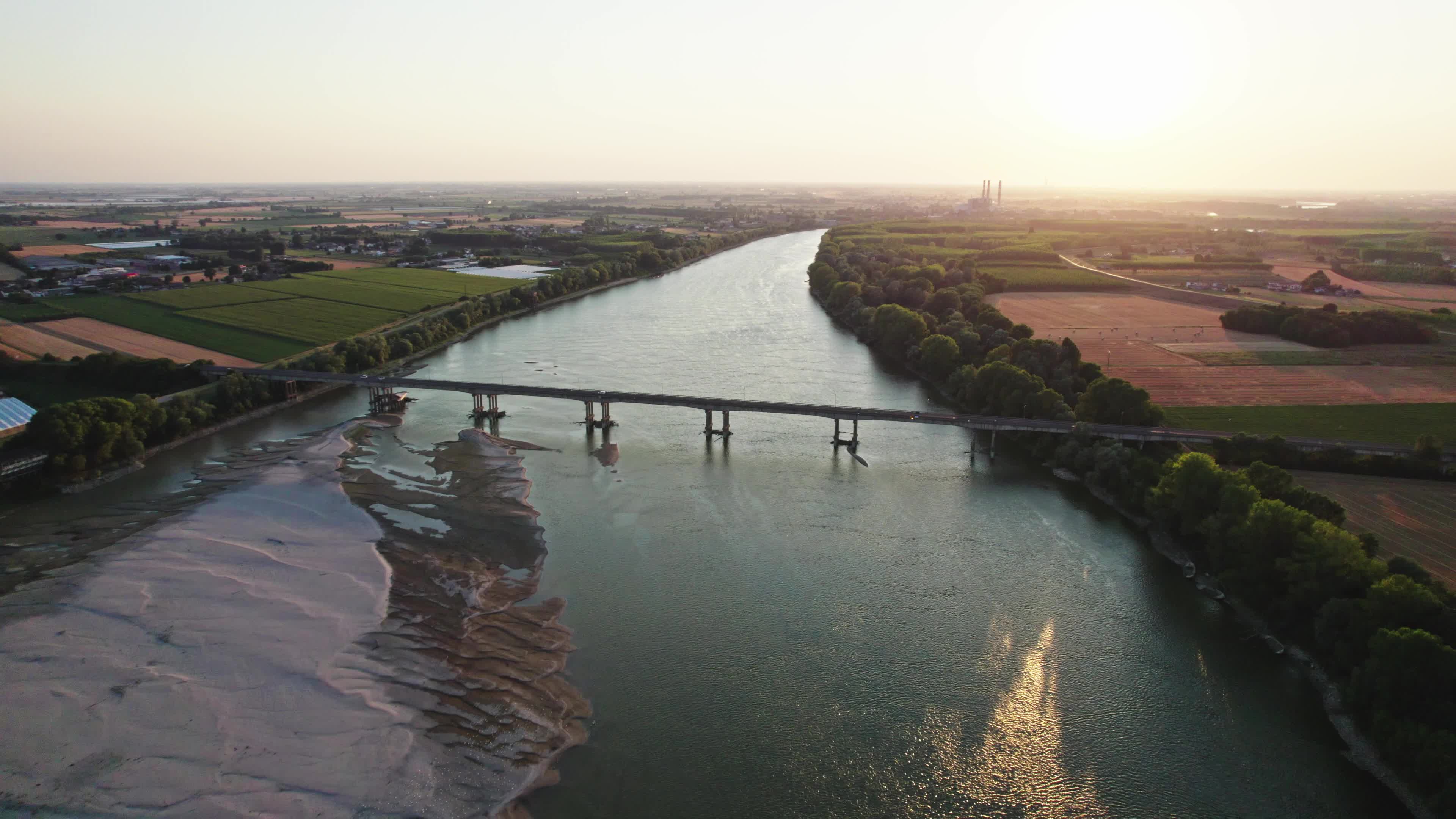Aerial View Of Italy's River Po Drained By The Worst Drought In 70 Years