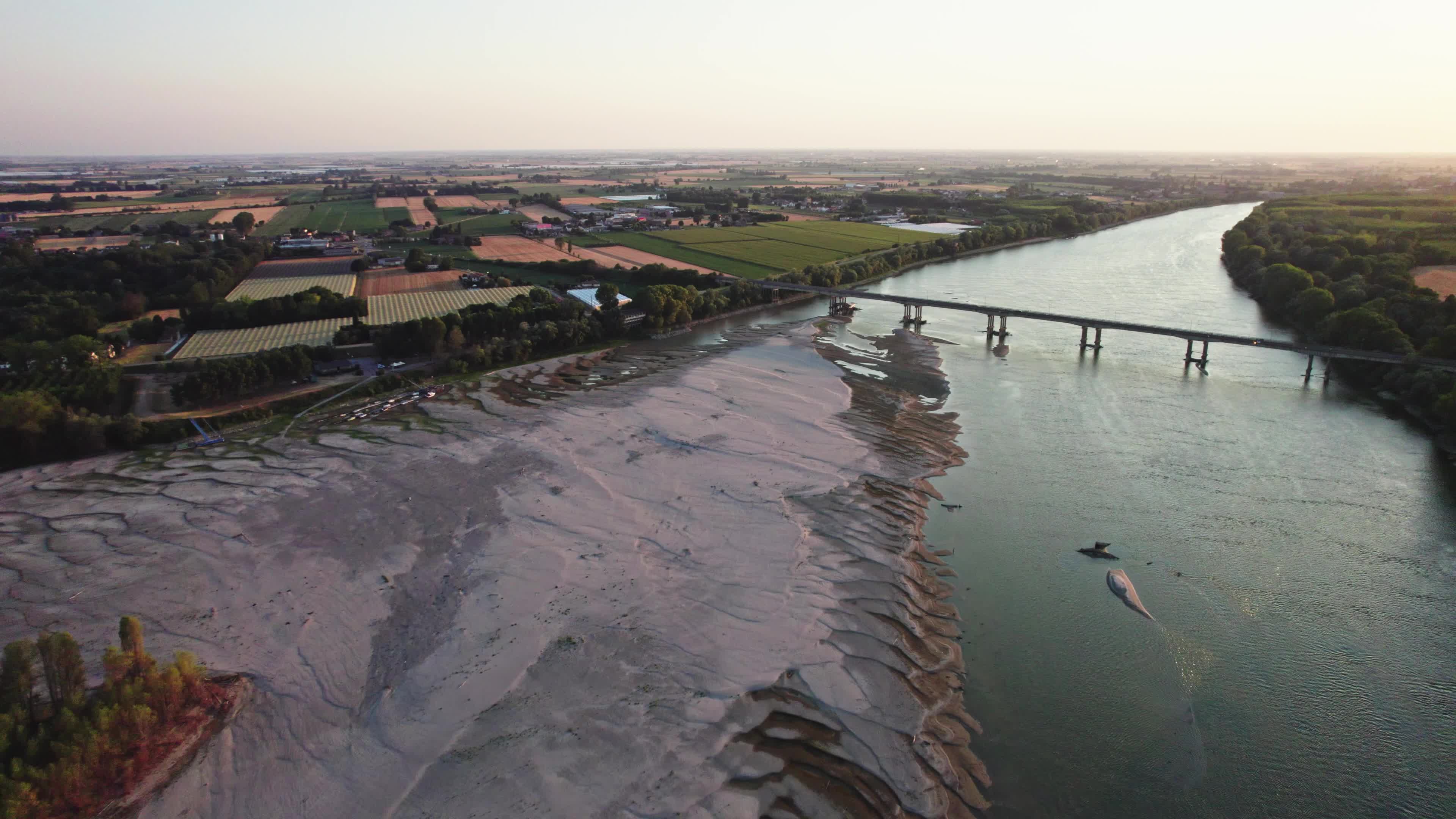 Aerial View Of Italy's River Po Drained By The Worst Drought In 70 Years