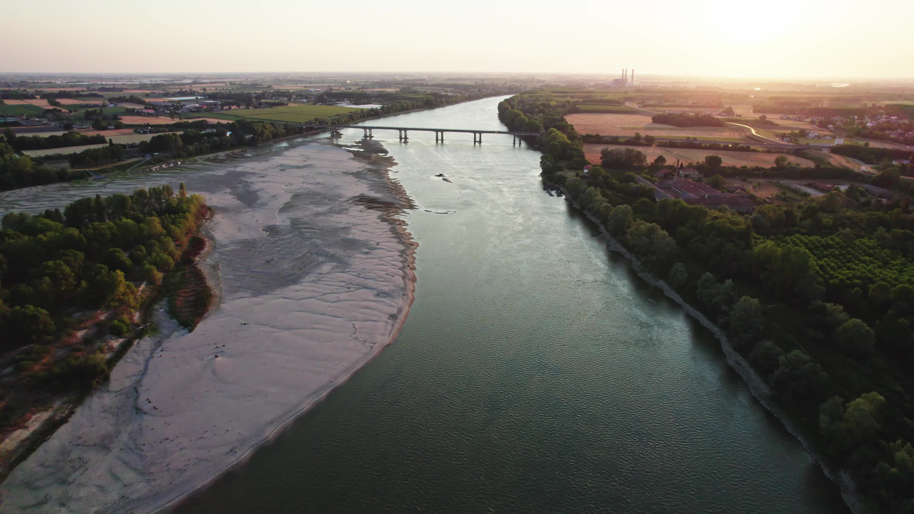 Aerial View Of Italy's River Po Drained By The Worst Drought In 70 Years