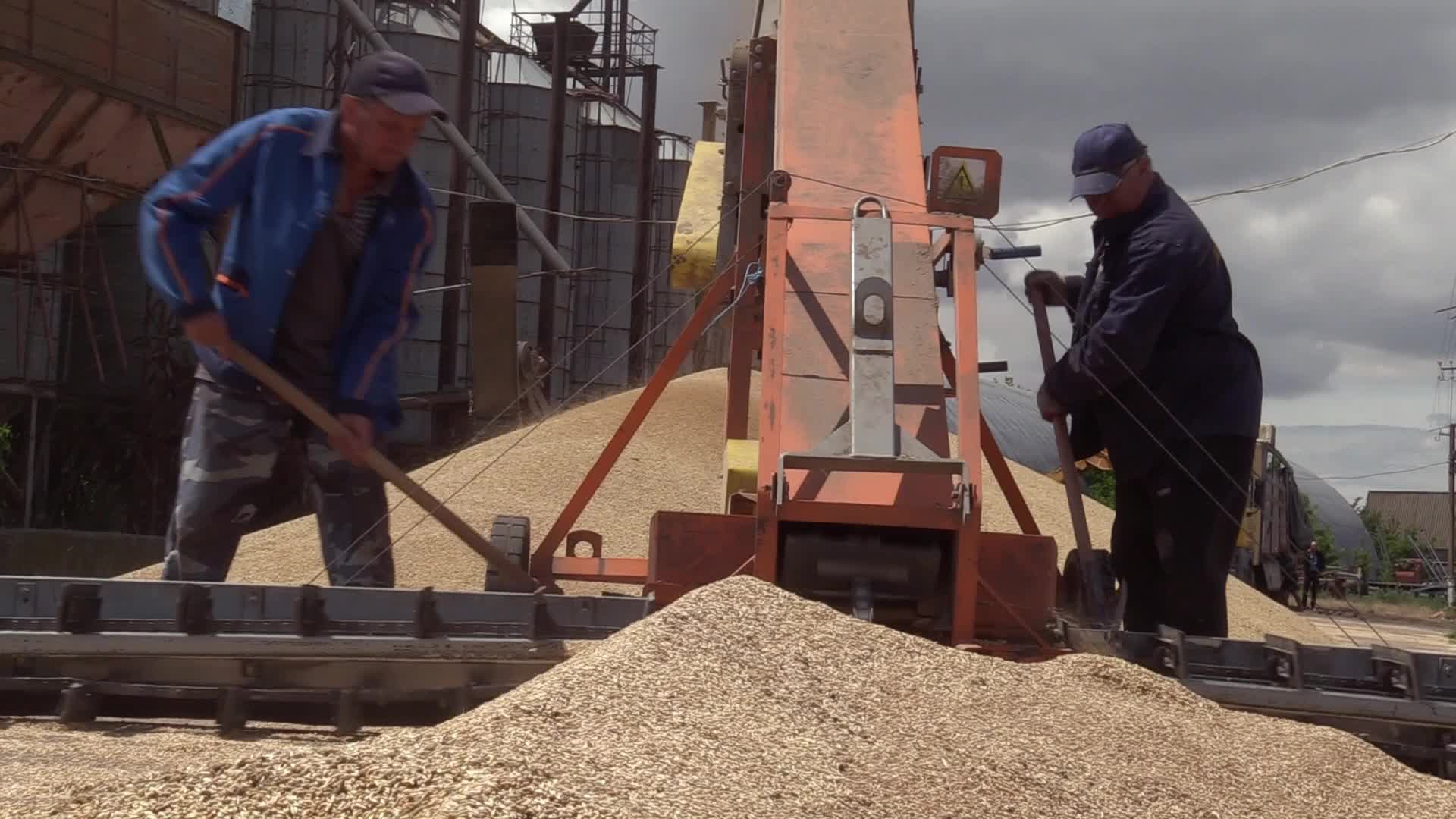 Ukrainian farmers upload barley and wheat grain at a terminal in Odesa region, amid Russia's invasion of Ukraine