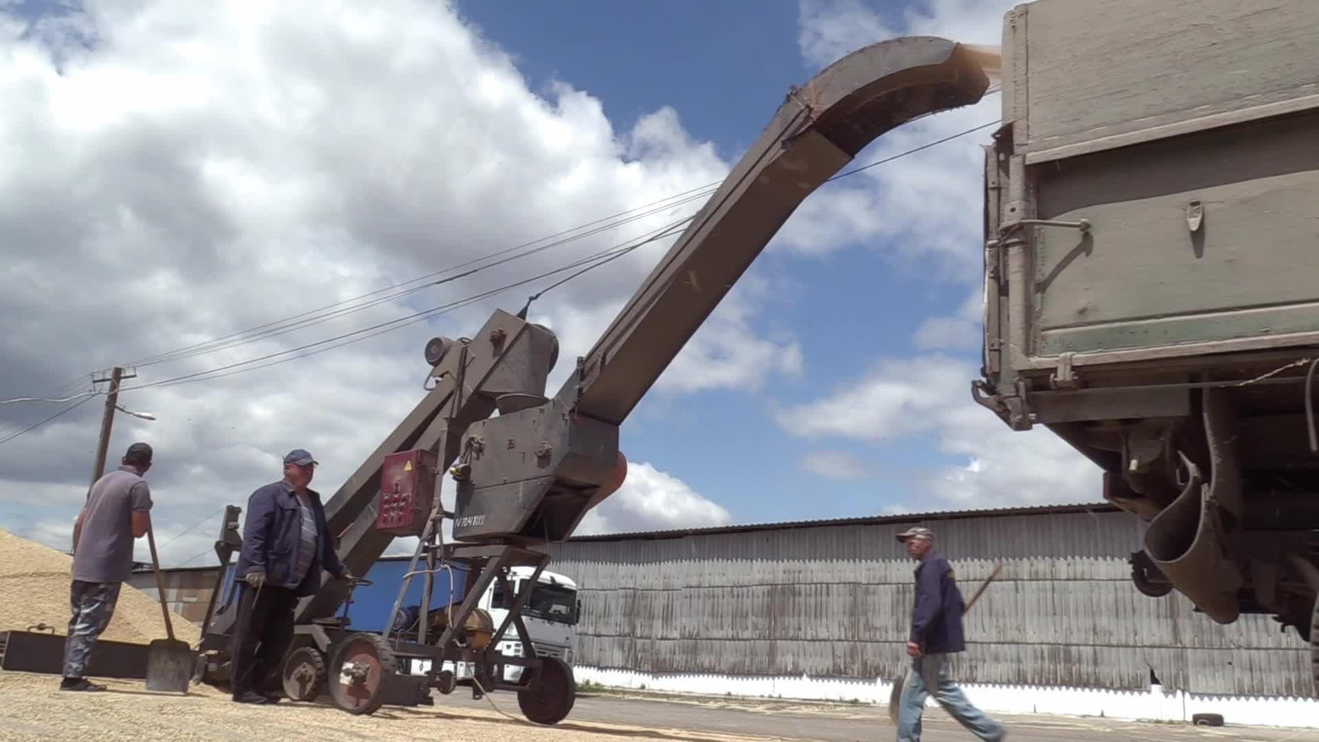 Ukrainian farmers upload barley and wheat grain at a terminal in Odesa region, amid Russia's invasion of Ukraine