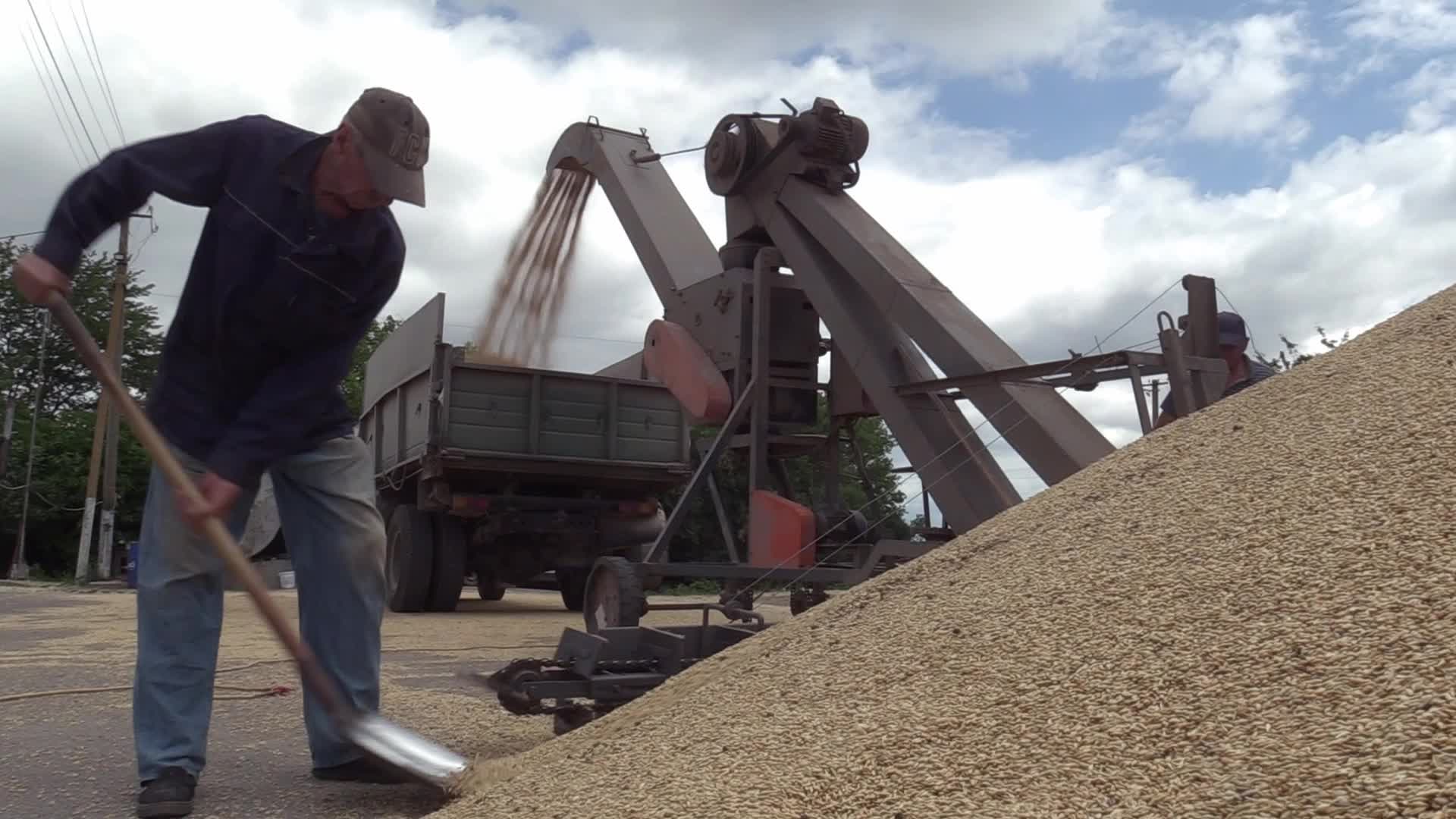 Ukrainian farmers upload barley and wheat grain at a terminal in Odesa region, amid Russia's invasion of Ukraine